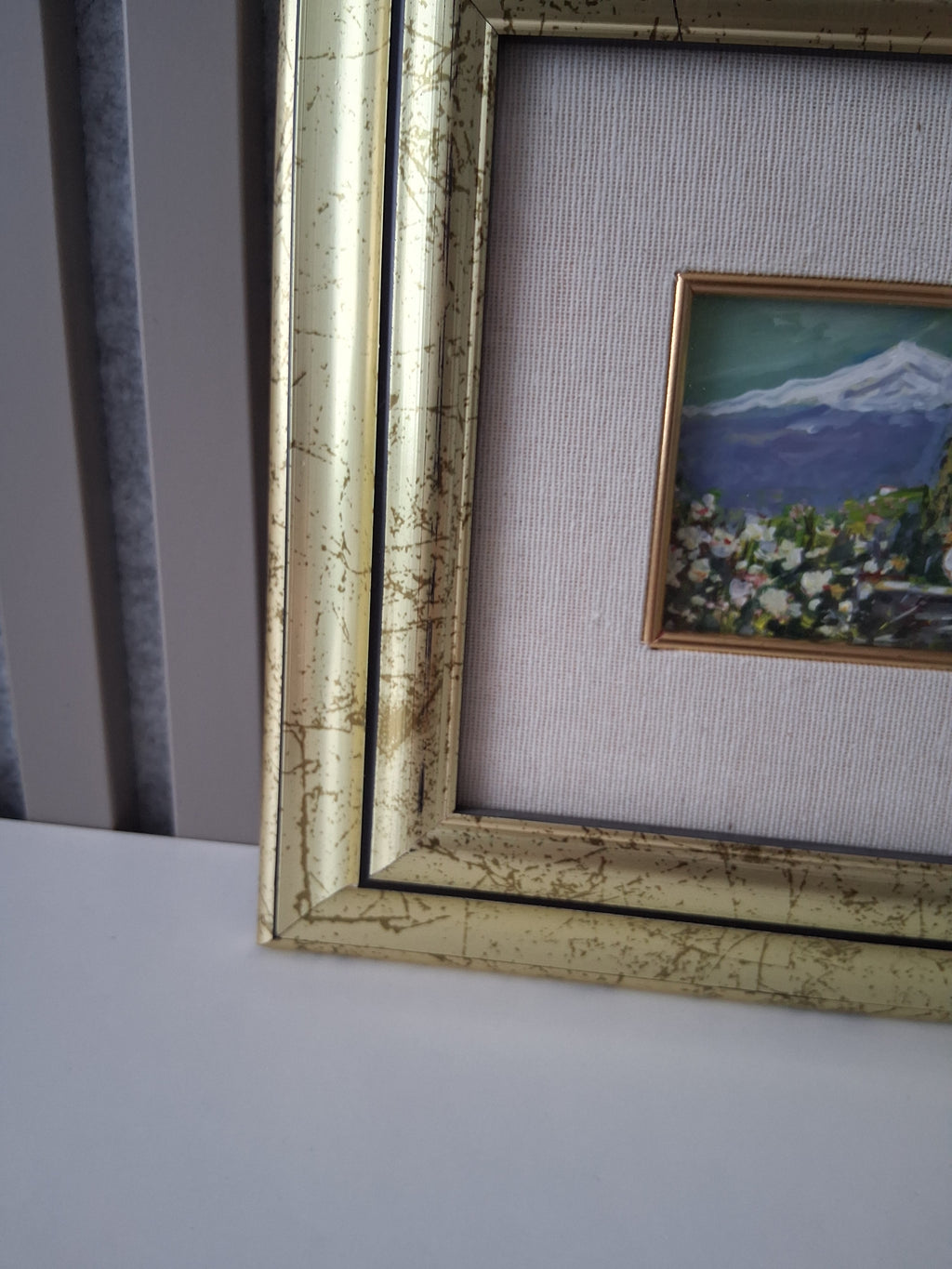 ORIGINAL Ölgemälde auf Holzplatte inkl. Rahmen | Taormina mit Ätna / Sizilien / Italien | 25x23 cm | Signiert