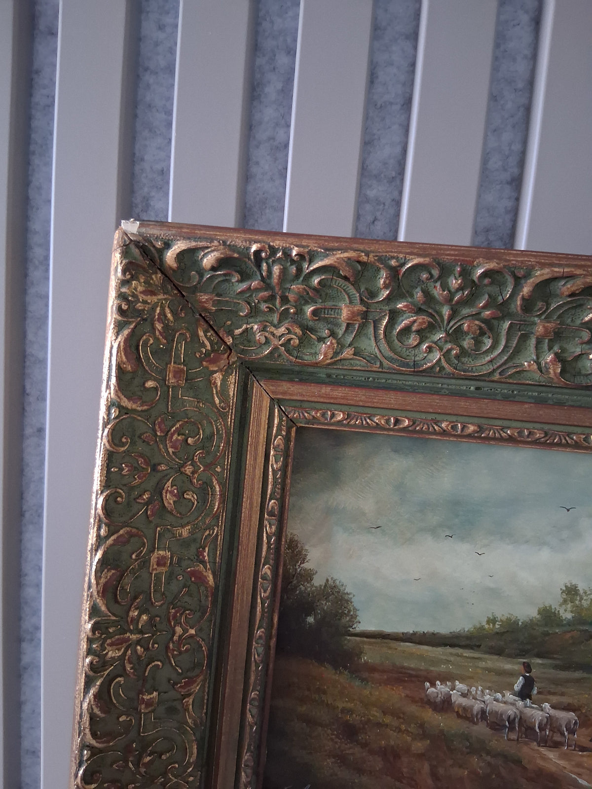 Altes Ölgemälde handgemalt mit antikem Rahmen | Schafherde auf dem Landweg | ORIGINAL & Signiert