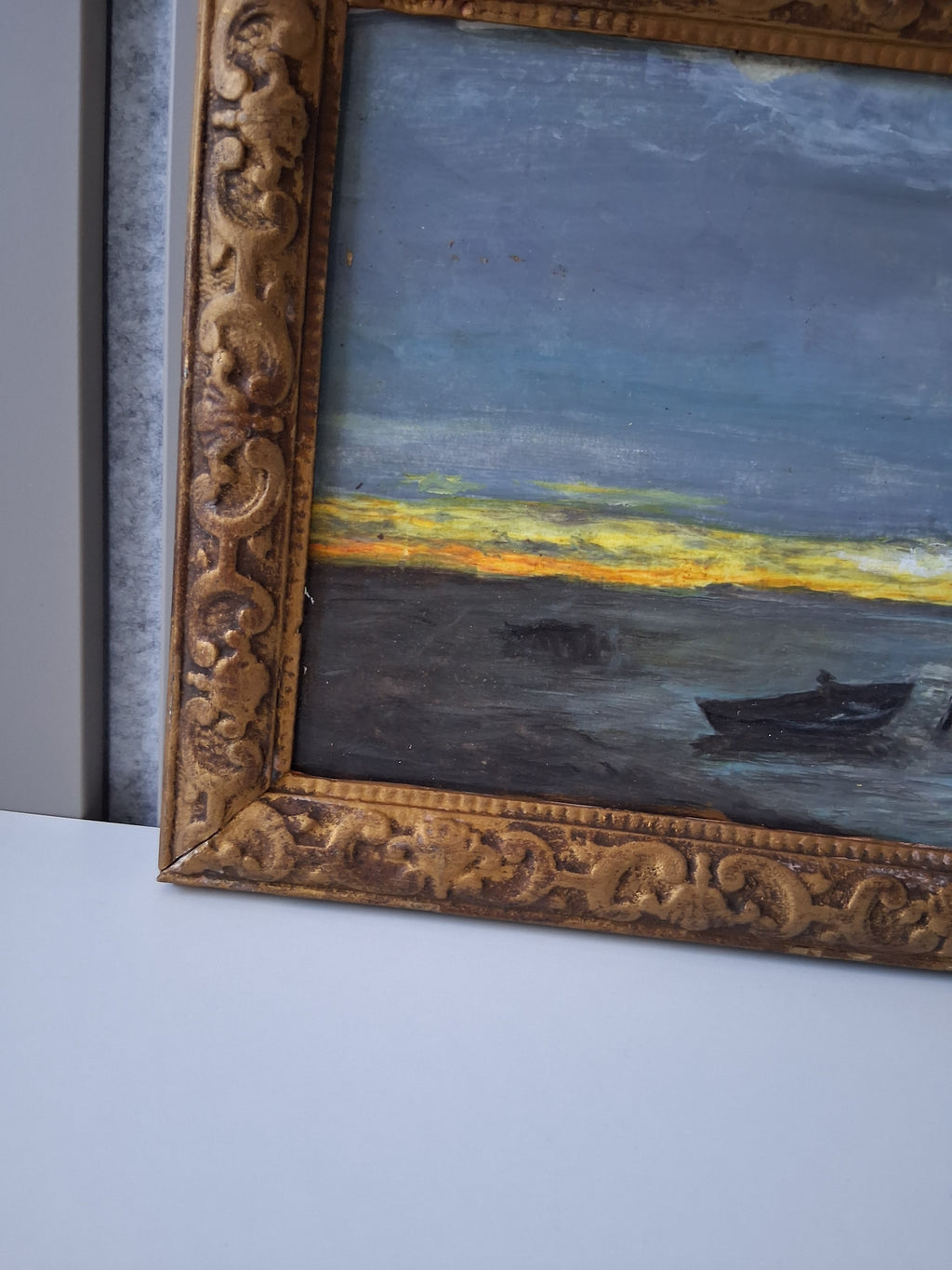 ORIGINAL Ölgemälde auf Holzplatte inkl. Rahmen | Boot bei Dämmerung | 35x24 cm | Signiert