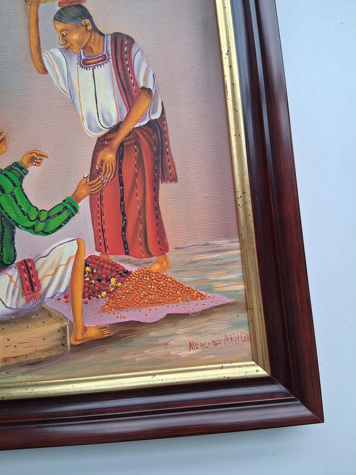 ORIGINAL Ölgemälde auf Leinwand inkl. Rahmen | Marktplatz / Mercado Atitlan | 29x34 cm | Signiert