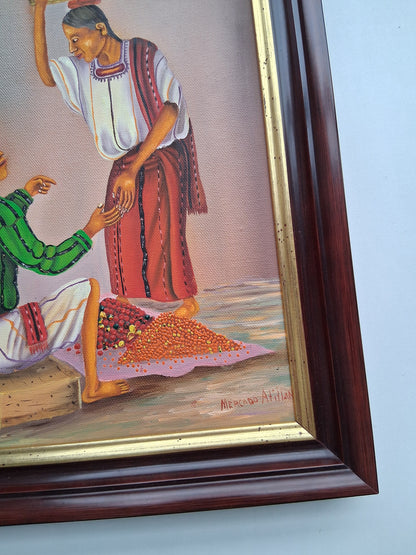 ORIGINAL Ölgemälde auf Leinwand inkl. Rahmen | Marktplatz / Mercado Atitlan | 29x34 cm | Signiert