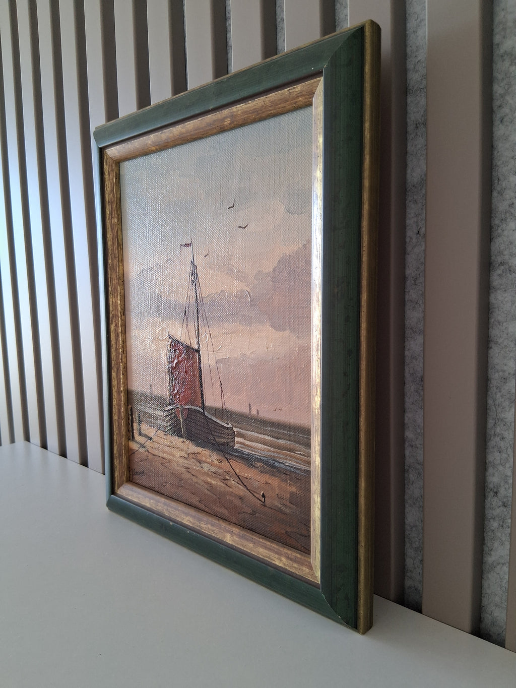 Altes Ölgemälde handgemalt mit Rahmen | Bomschuit / Fischerboot am Strand | ORIGINAL & Signiert