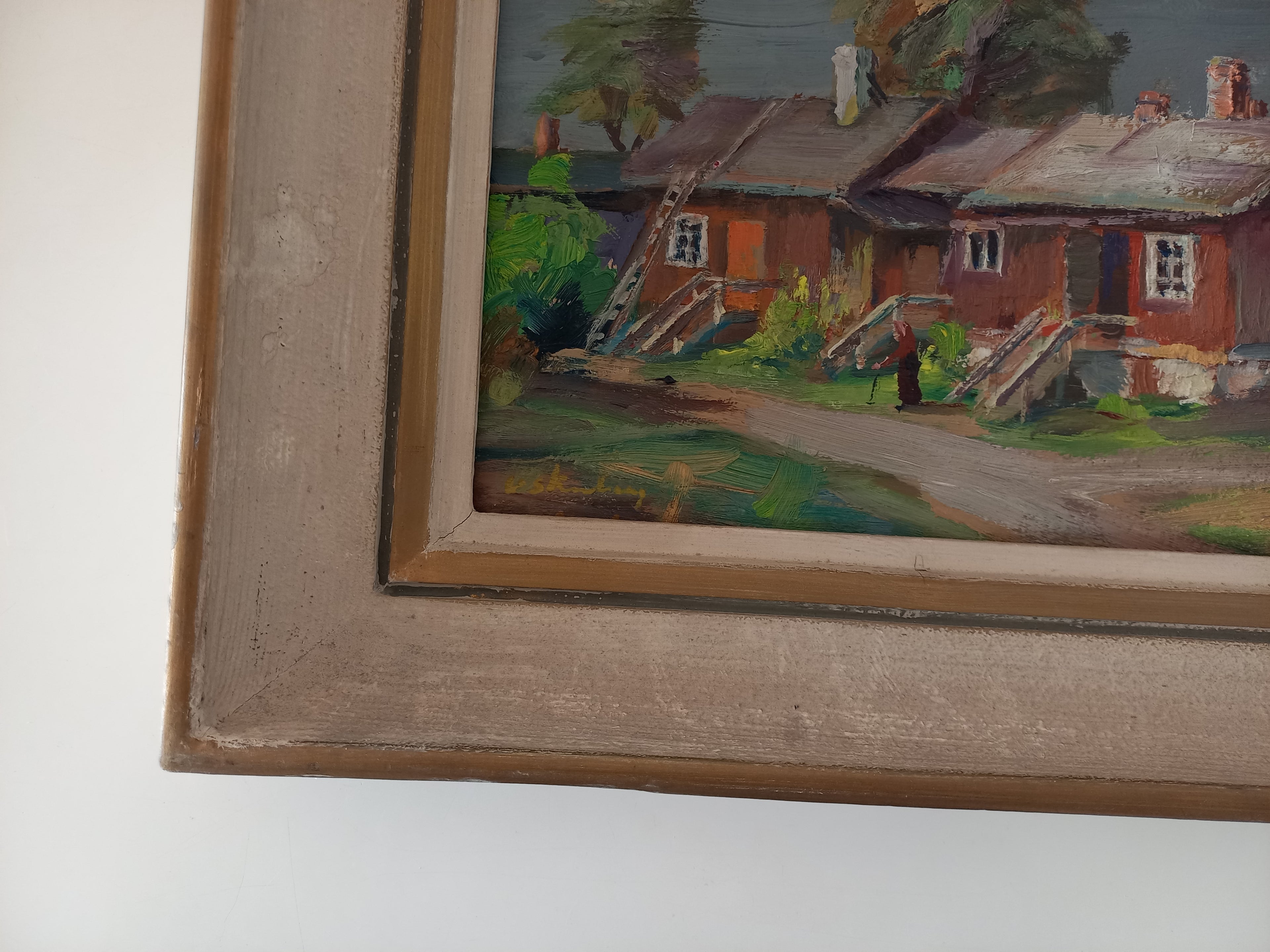 ORIGINAL Ölgemälde auf Karton inkl. Rahmen | Landschaft / Bauernhaus mit Figur | Signiert