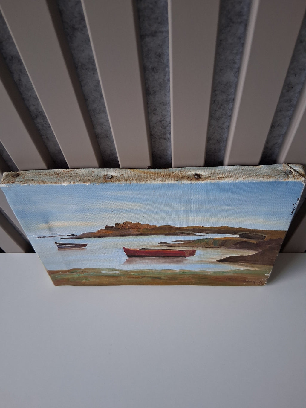 ORIGINAL Ölgemälde auf Leinwand | Bucht mit Fischerbooten in der Bretagne | 24x16 cm | Signiert