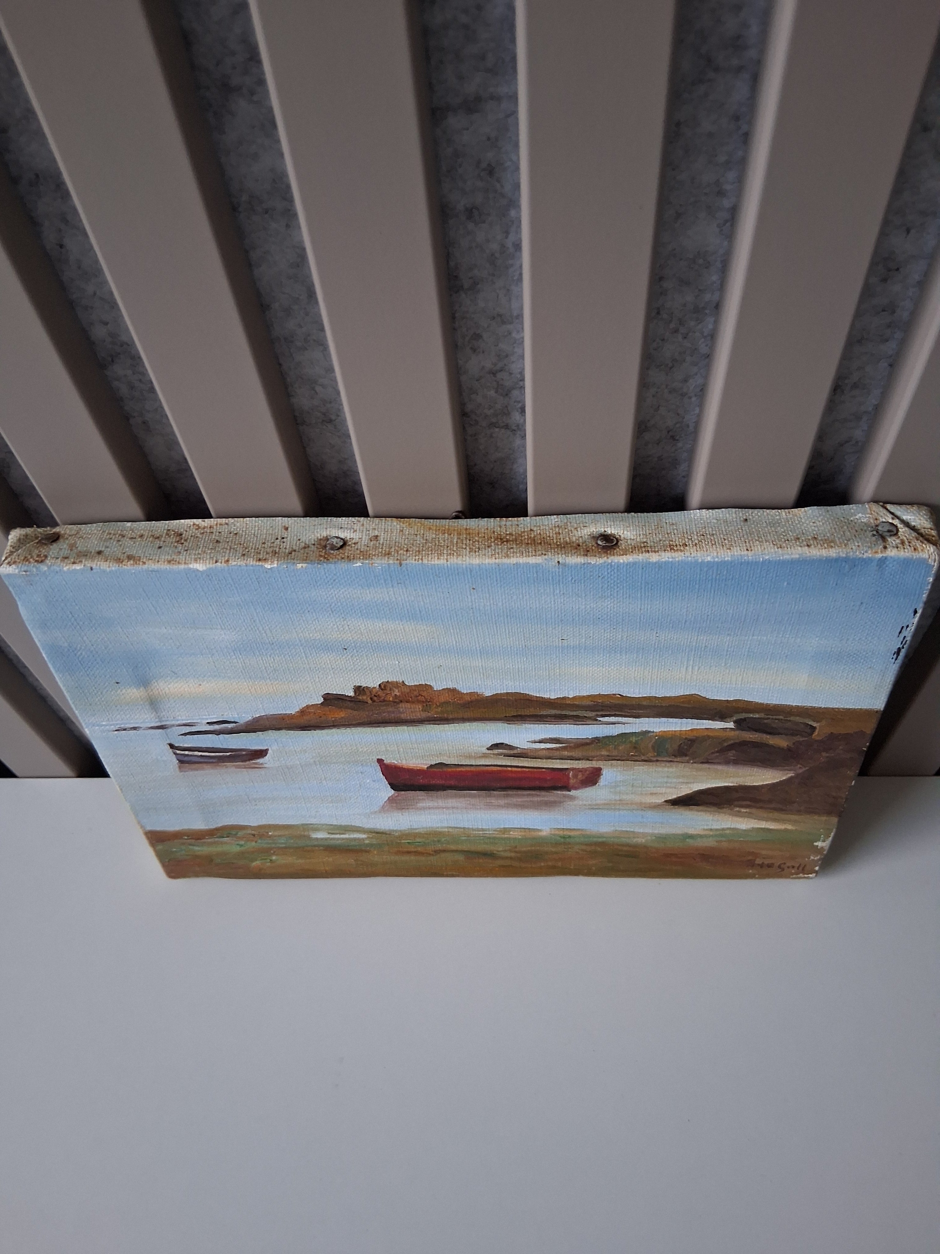 ORIGINAL Ölgemälde auf Leinwand | Bucht mit Fischerbooten in der Bretagne | 24x16 cm | Signiert