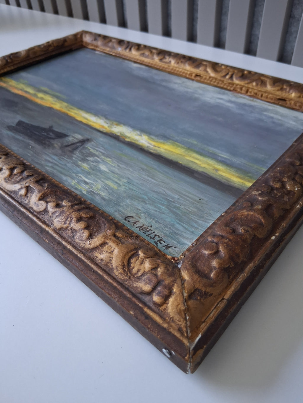ORIGINAL Ölgemälde auf Holzplatte inkl. Rahmen | Boot bei Dämmerung | 35x24 cm | Signiert