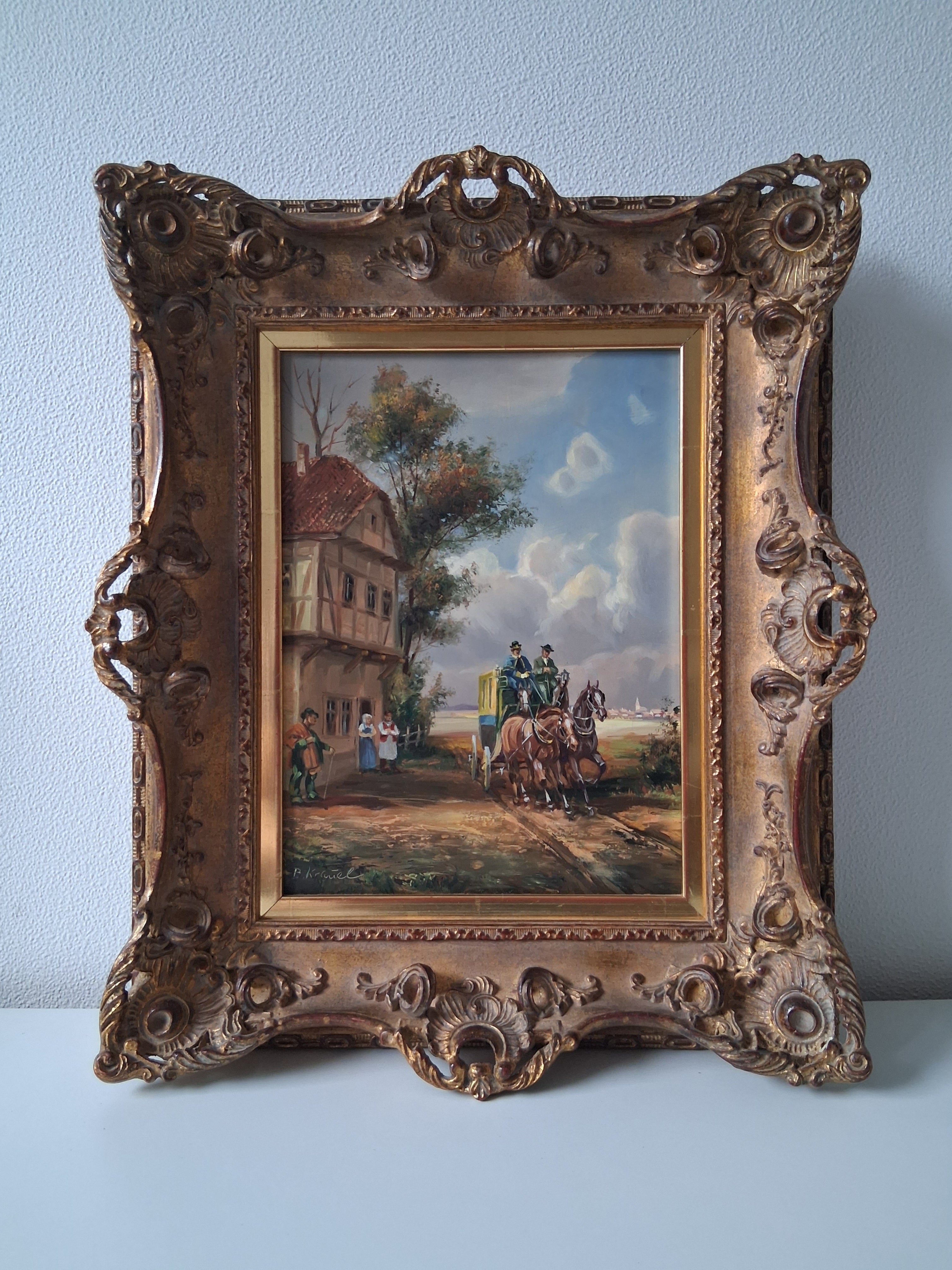 BRUNO KRAUEL (1907-1999) | Postkutsche | ORIGINAL Ölgemälde auf Holzplatte inkl. Barockrahmen