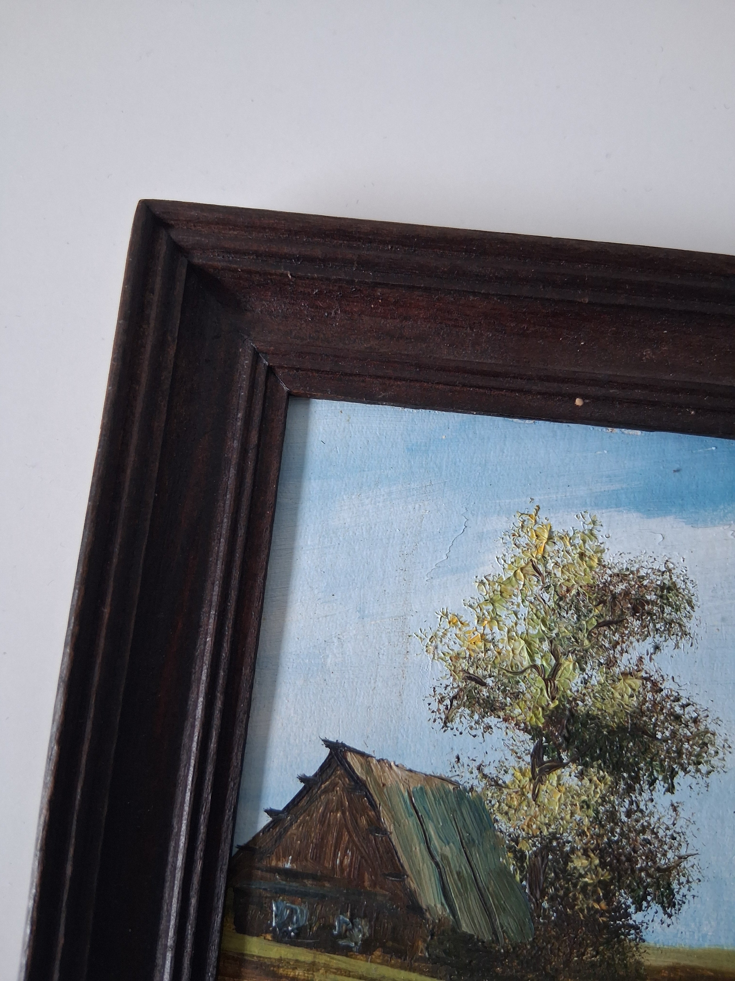 KLEINES ORIGINAL Ölgemälde auf Karton | Bauernhaus / Landschaft / Natur | 11x13 cm | Vintage