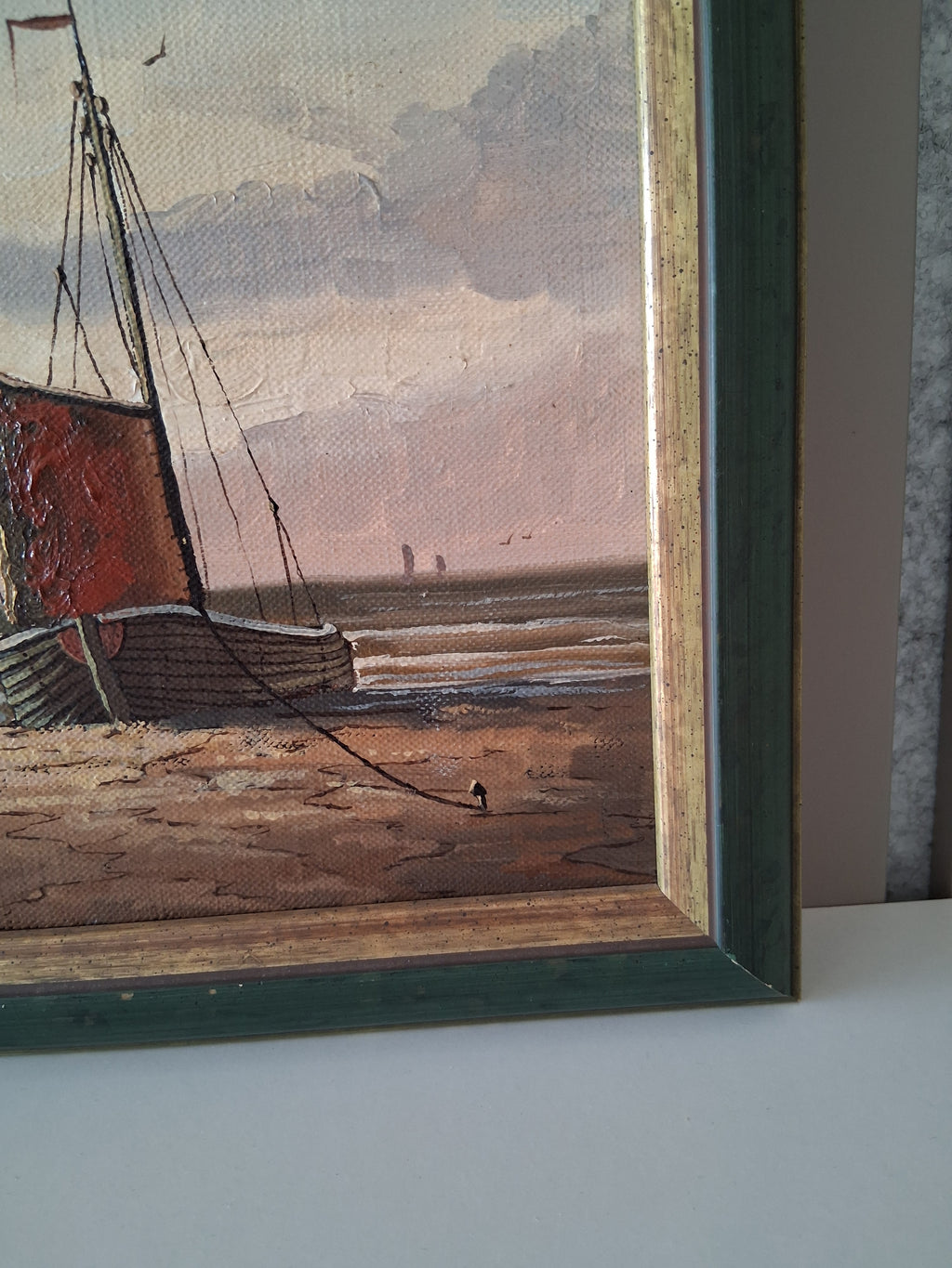 Altes Ölgemälde handgemalt mit Rahmen | Bomschuit / Fischerboot am Strand | ORIGINAL & Signiert