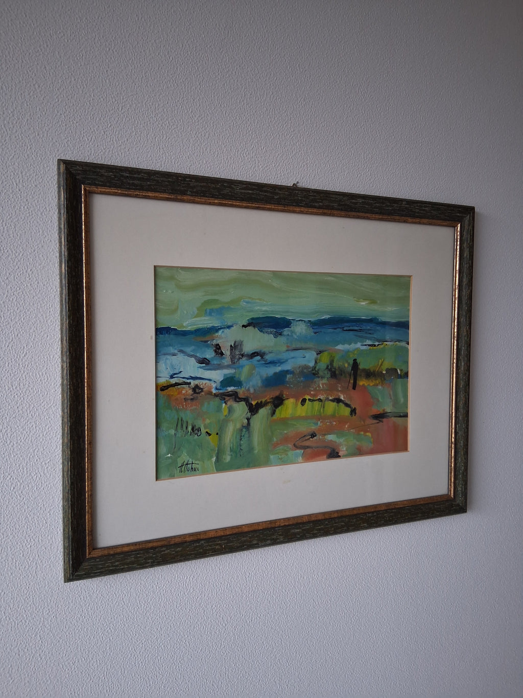 ORIGINAL Ölgemälde im Passepartout hinter Glas | Abstrakte Landschaft / Natur | Signiert
