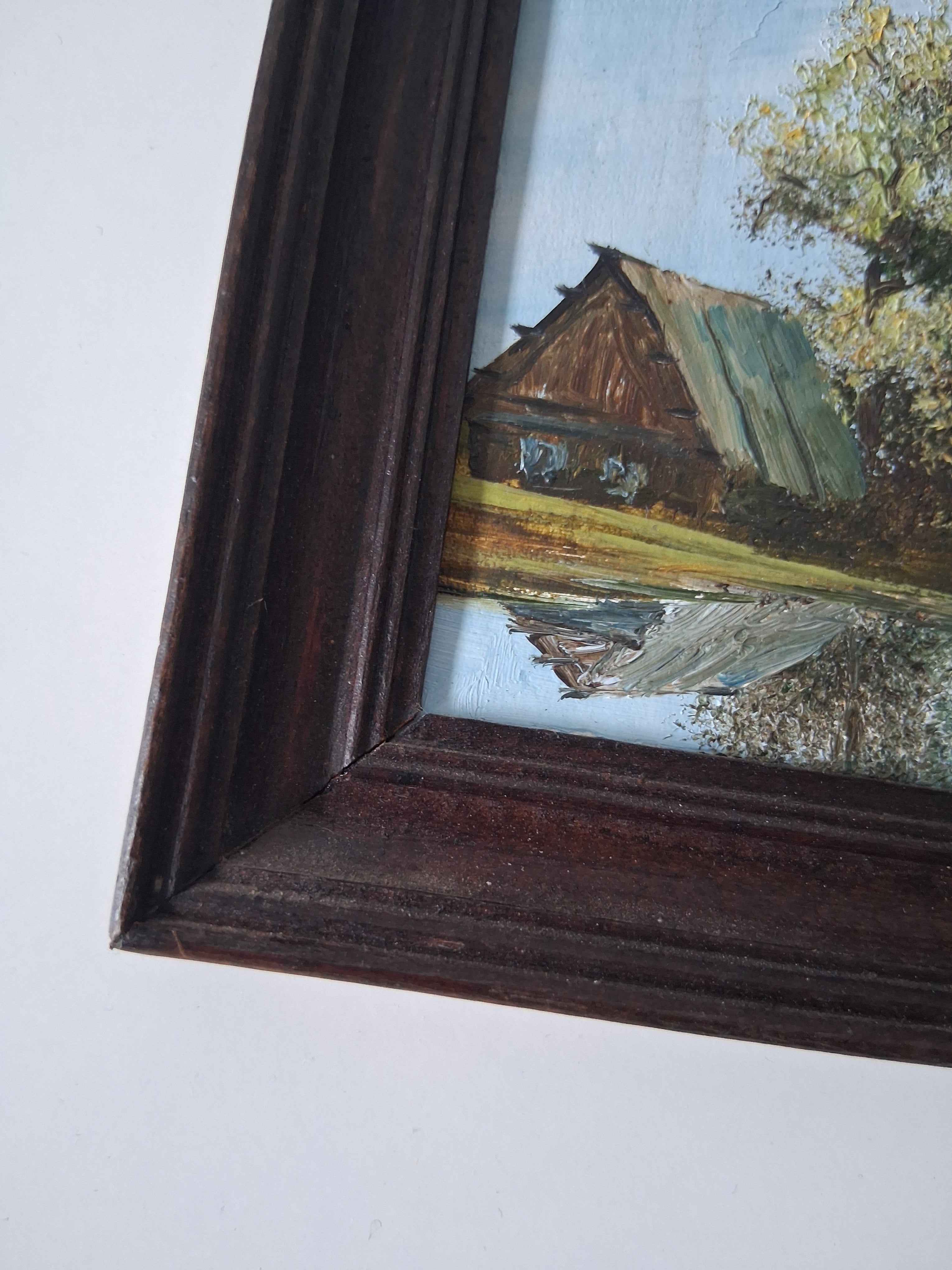 KLEINES ORIGINAL Ölgemälde auf Karton | Bauernhaus / Landschaft / Natur | 11x13 cm | Vintage