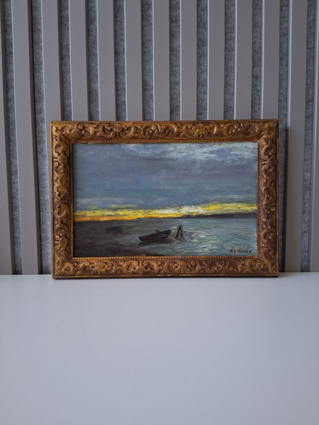 ORIGINAL Ölgemälde auf Holzplatte inkl. Rahmen | Boot bei Dämmerung | 35x24 cm | Signiert