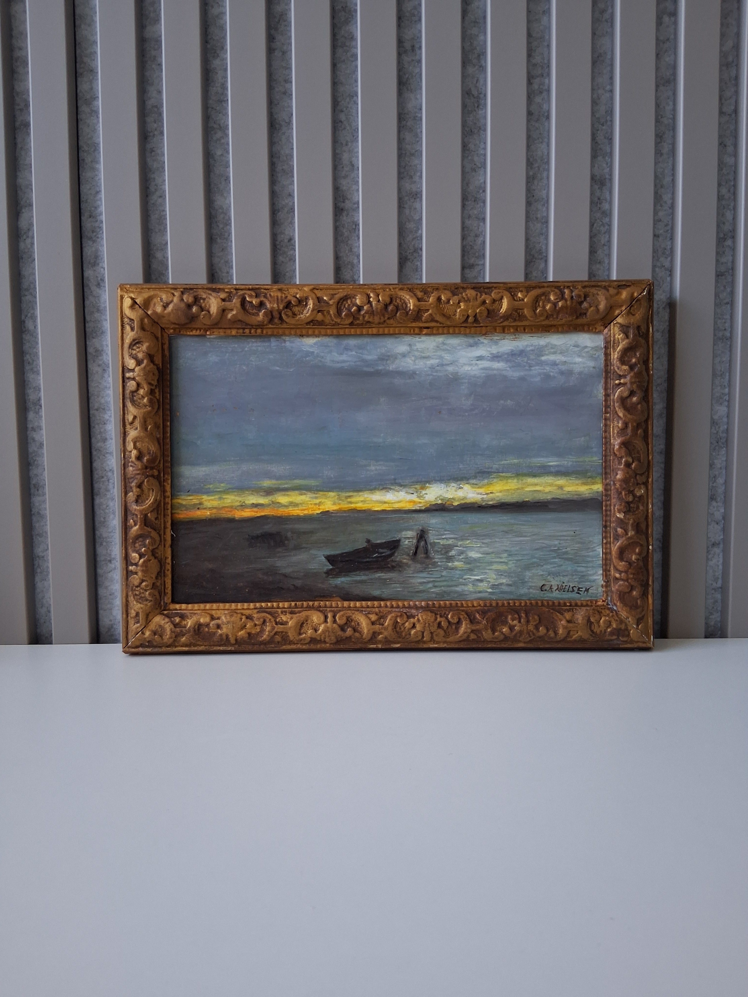 ORIGINAL Ölgemälde auf Holzplatte inkl. Rahmen | Boot bei Dämmerung | 35x24 cm | Signiert