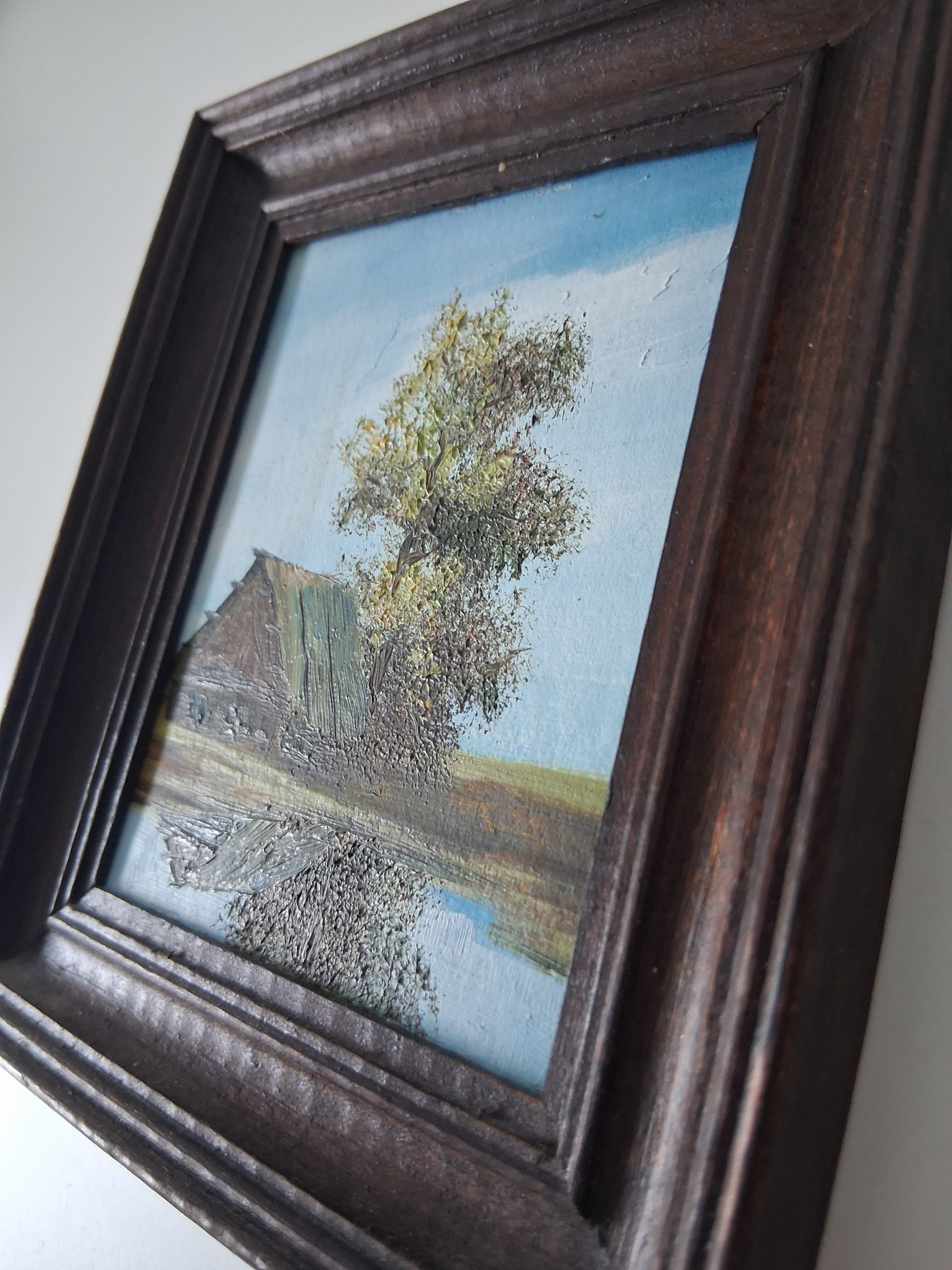 KLEINES ORIGINAL Ölgemälde auf Karton | Bauernhaus / Landschaft / Natur | 11x13 cm | Vintage