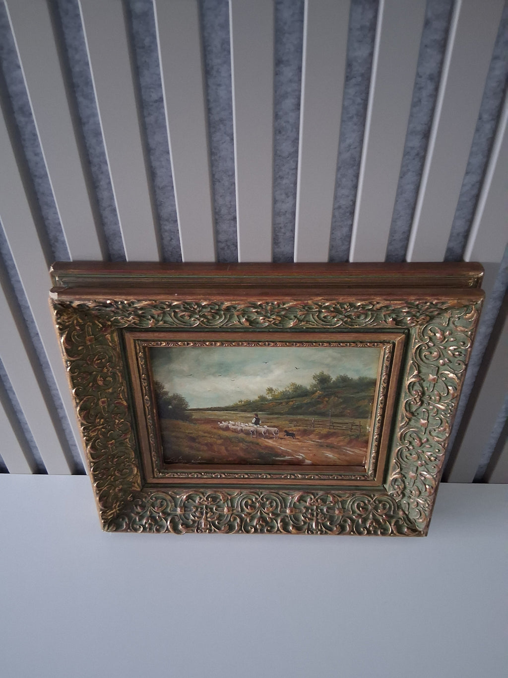 Altes Ölgemälde handgemalt mit antikem Rahmen | Schafherde auf dem Landweg | ORIGINAL & Signiert