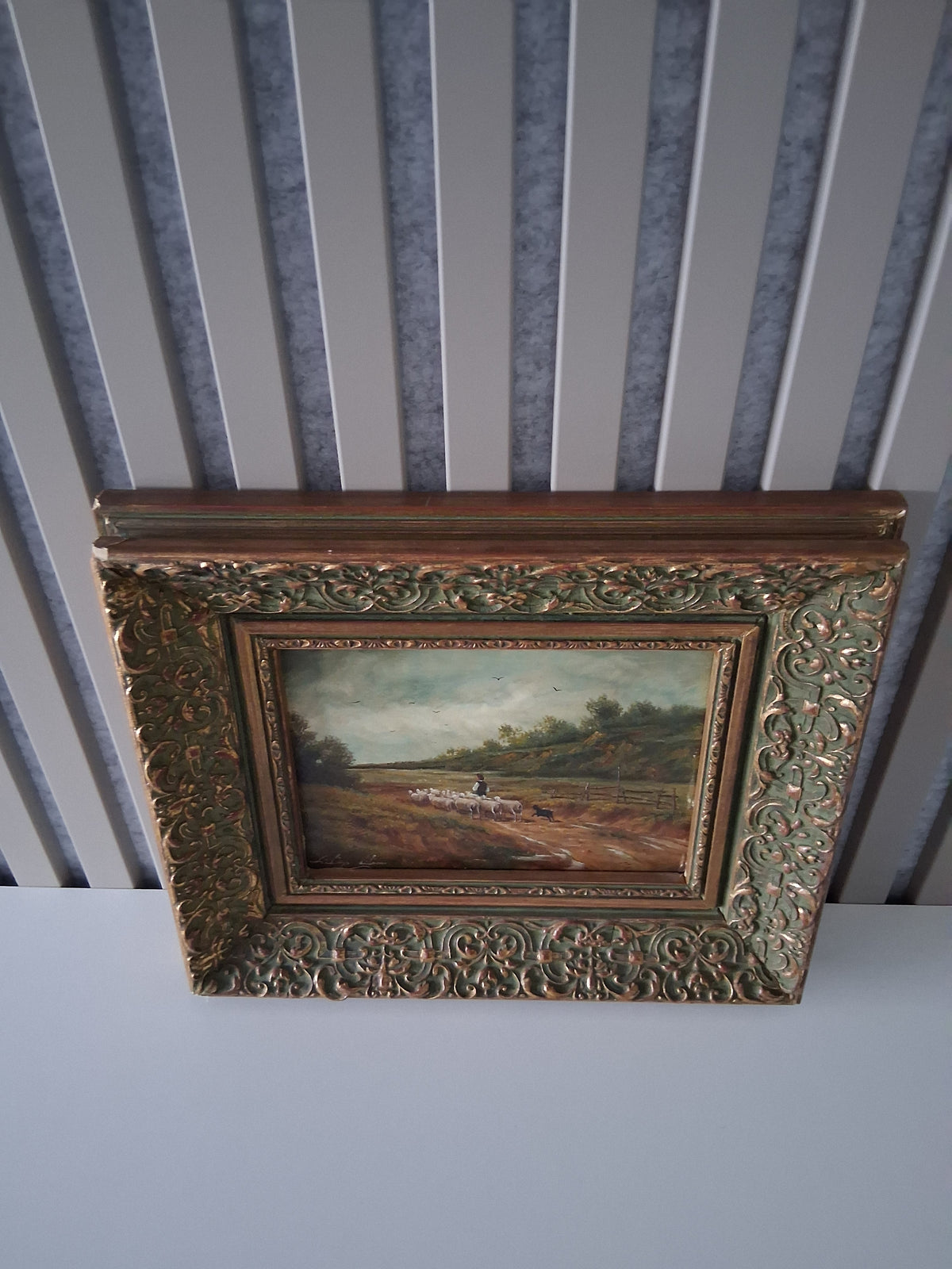 Altes Ölgemälde handgemalt mit antikem Rahmen | Schafherde auf dem Landweg | ORIGINAL & Signiert