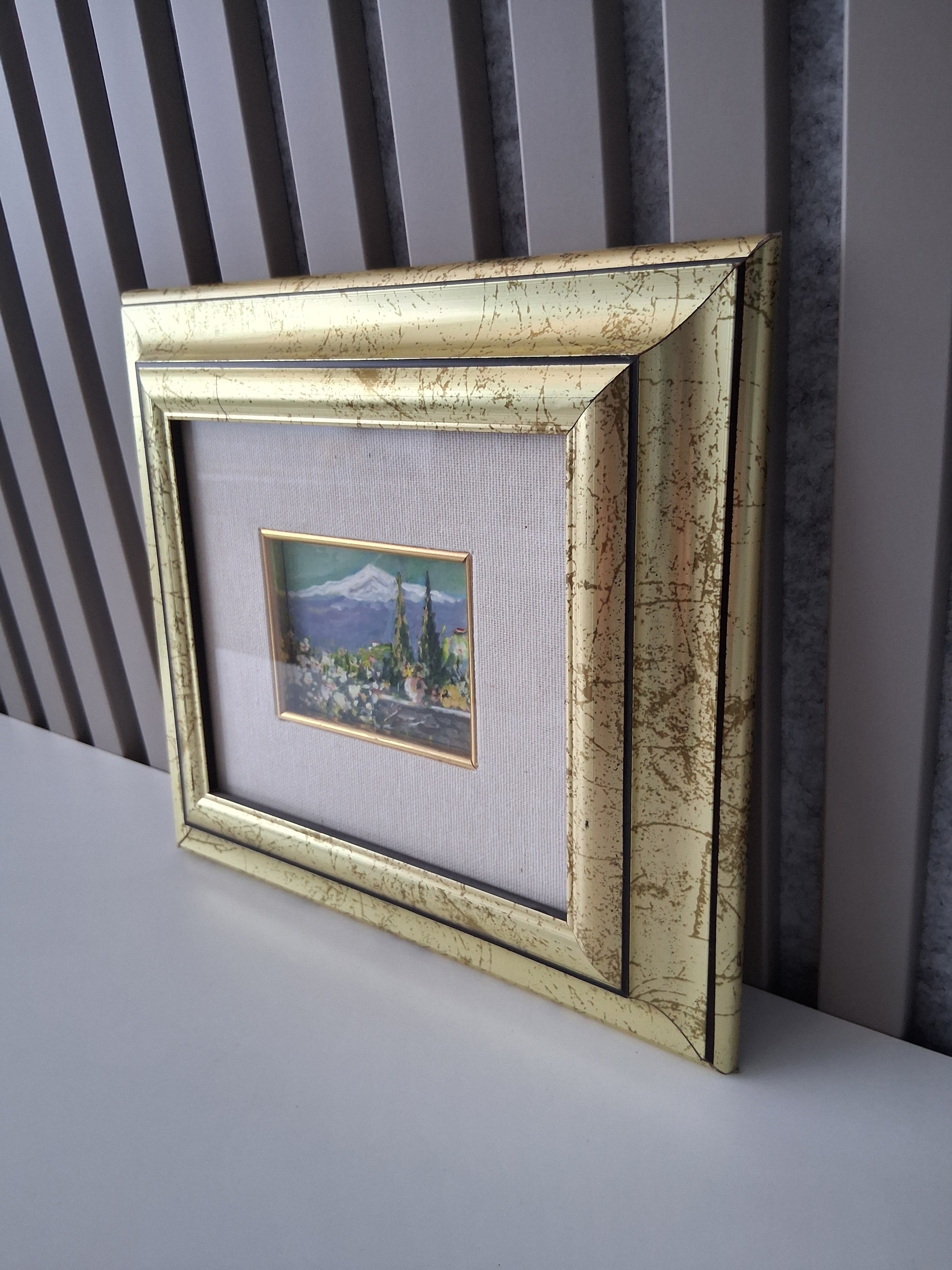 ORIGINAL Ölgemälde auf Holzplatte inkl. Rahmen | Taormina mit Ätna / Sizilien / Italien | 25x23 cm | Signiert
