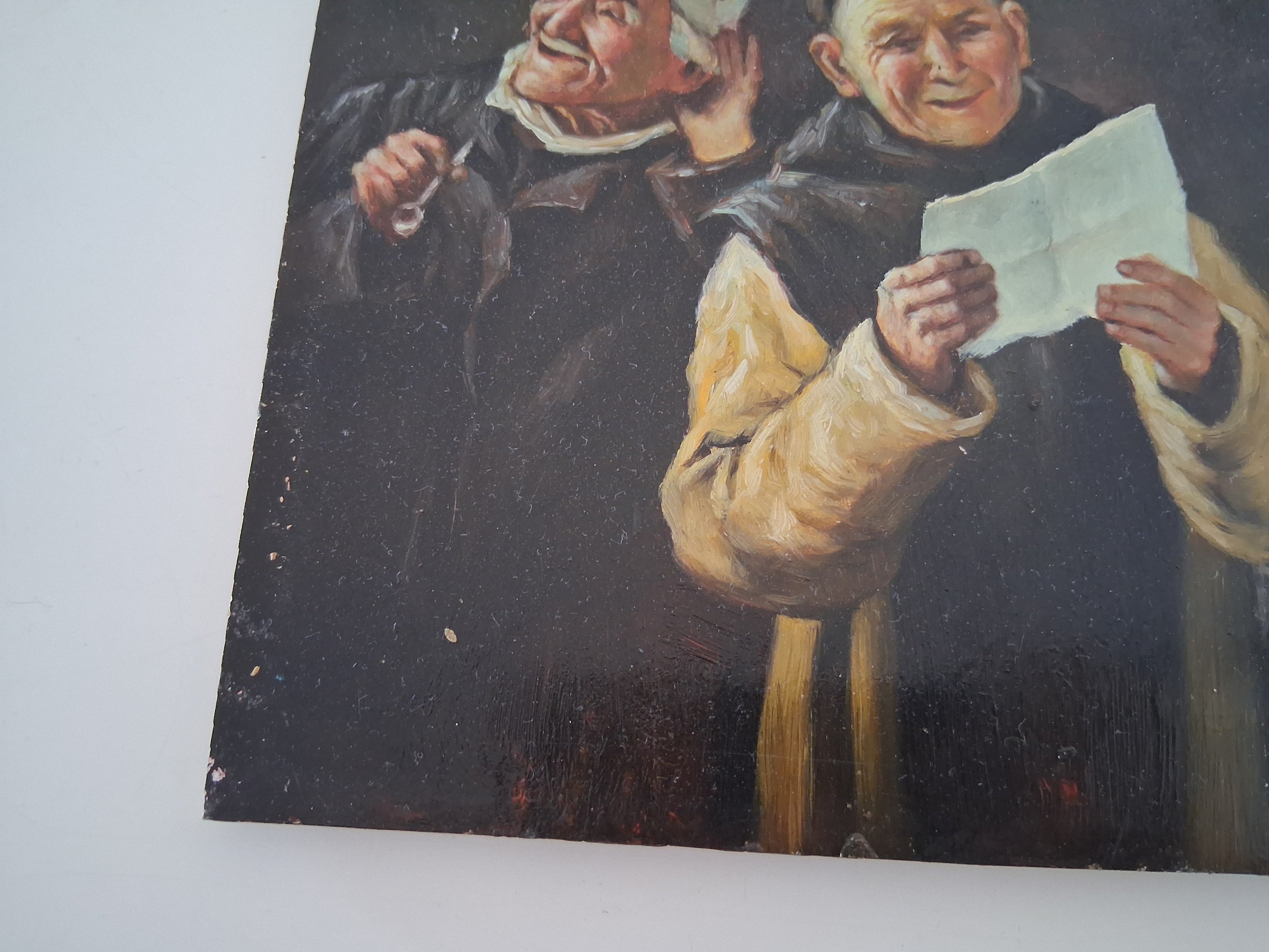 ORIGINAL Ölgemälde auf Holzplatte | Lesender Mönch / Menschen / Portrait | 25x20 cm | Signiert