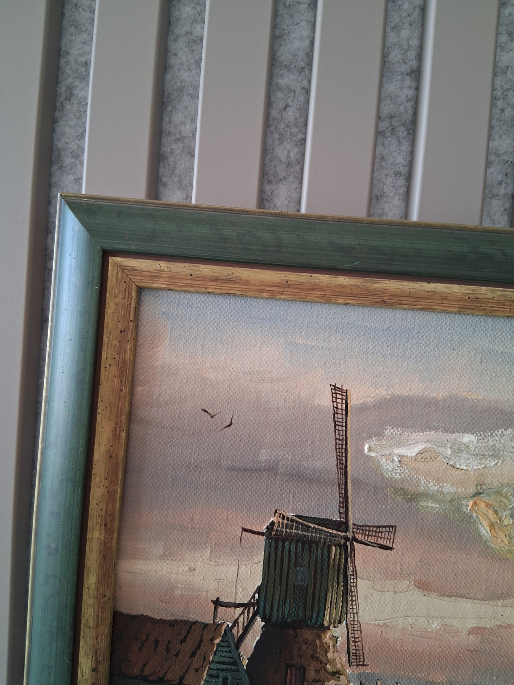 Altes Ölgemälde handgemalt mit Holzrahmen | Landschaft mit Windmühle | ORIGINAL & Signiert
