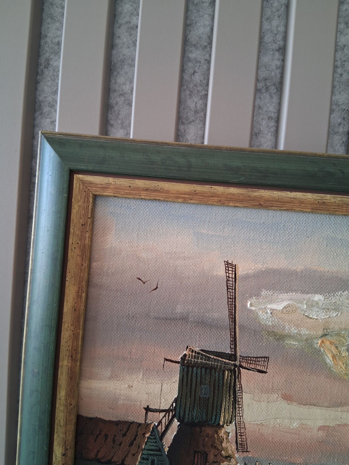 Altes Ölgemälde handgemalt mit Holzrahmen | Landschaft mit Windmühle | ORIGINAL & Signiert