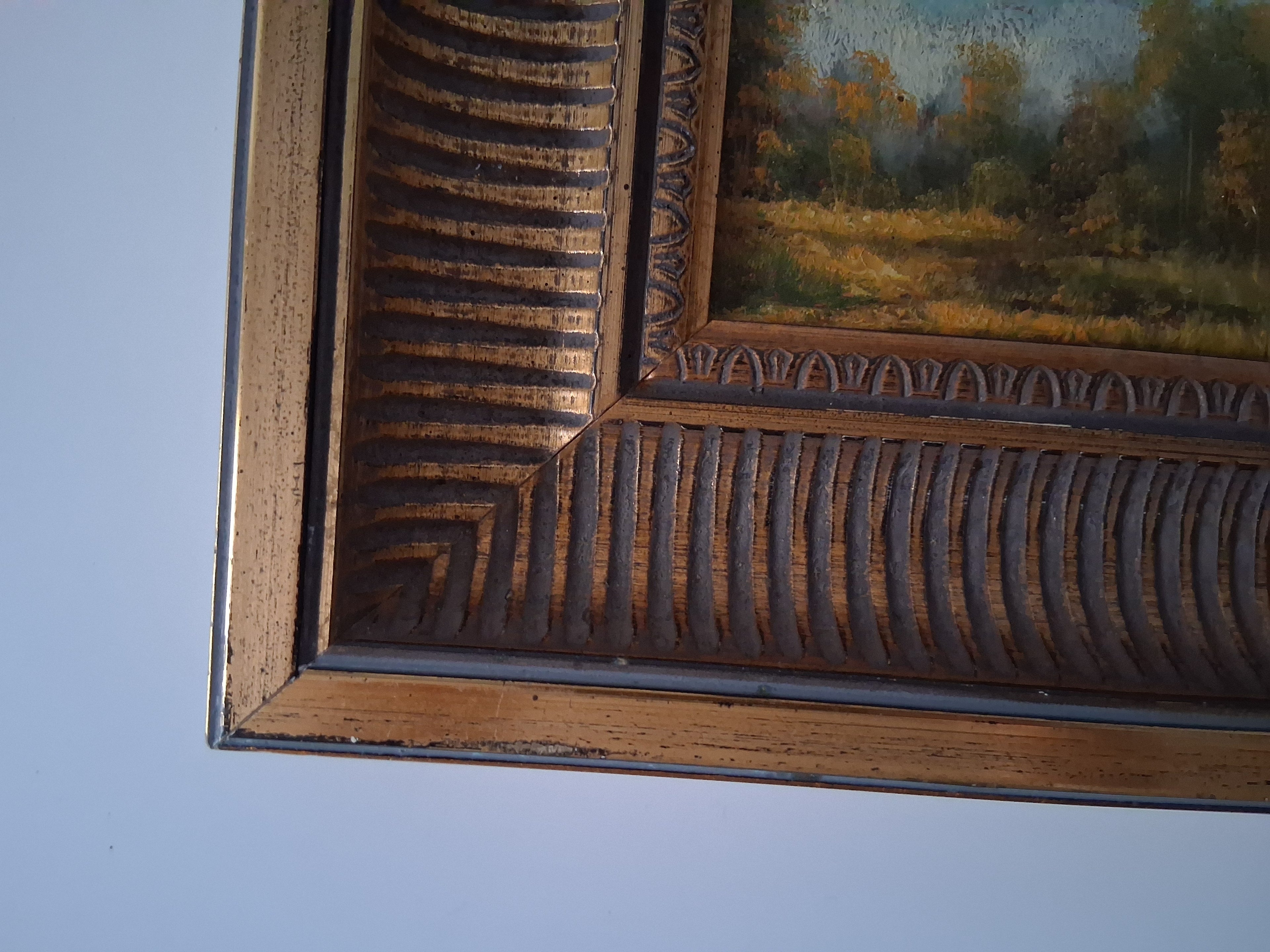 ORIGINAL Ölgemälde auf Karton inkl. antikem Rahmen | Waldlandschaft / Natur / Bäume | 26x22 cm