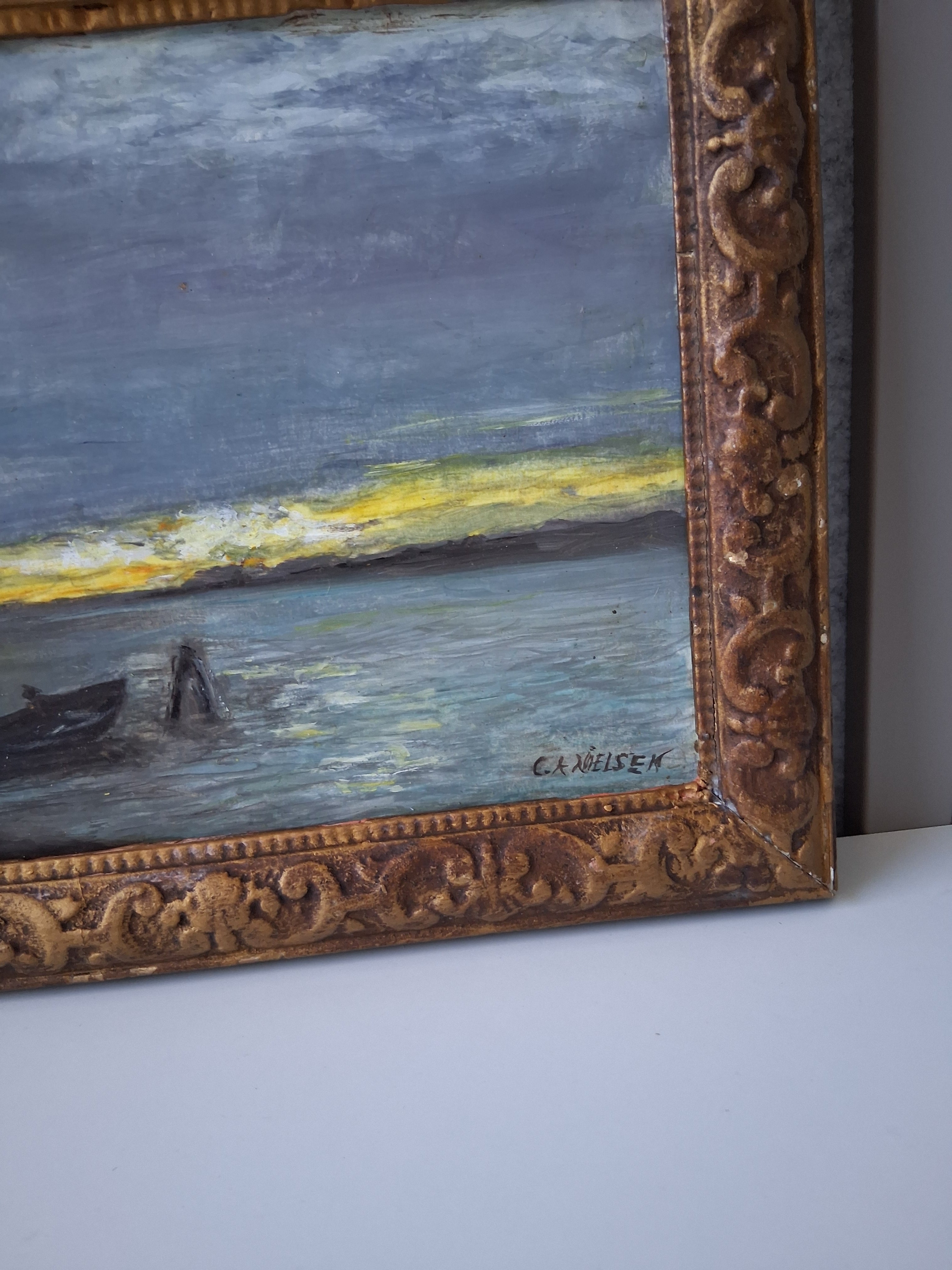 ORIGINAL Ölgemälde auf Holzplatte inkl. Rahmen | Boot bei Dämmerung | 35x24 cm | Signiert