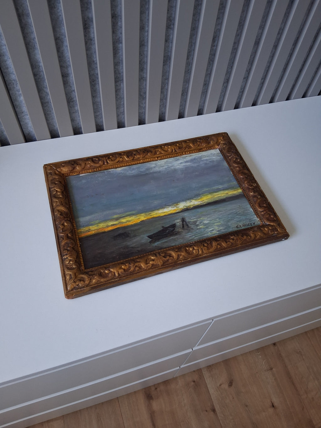 ORIGINAL Ölgemälde auf Holzplatte inkl. Rahmen | Boot bei Dämmerung | 35x24 cm | Signiert
