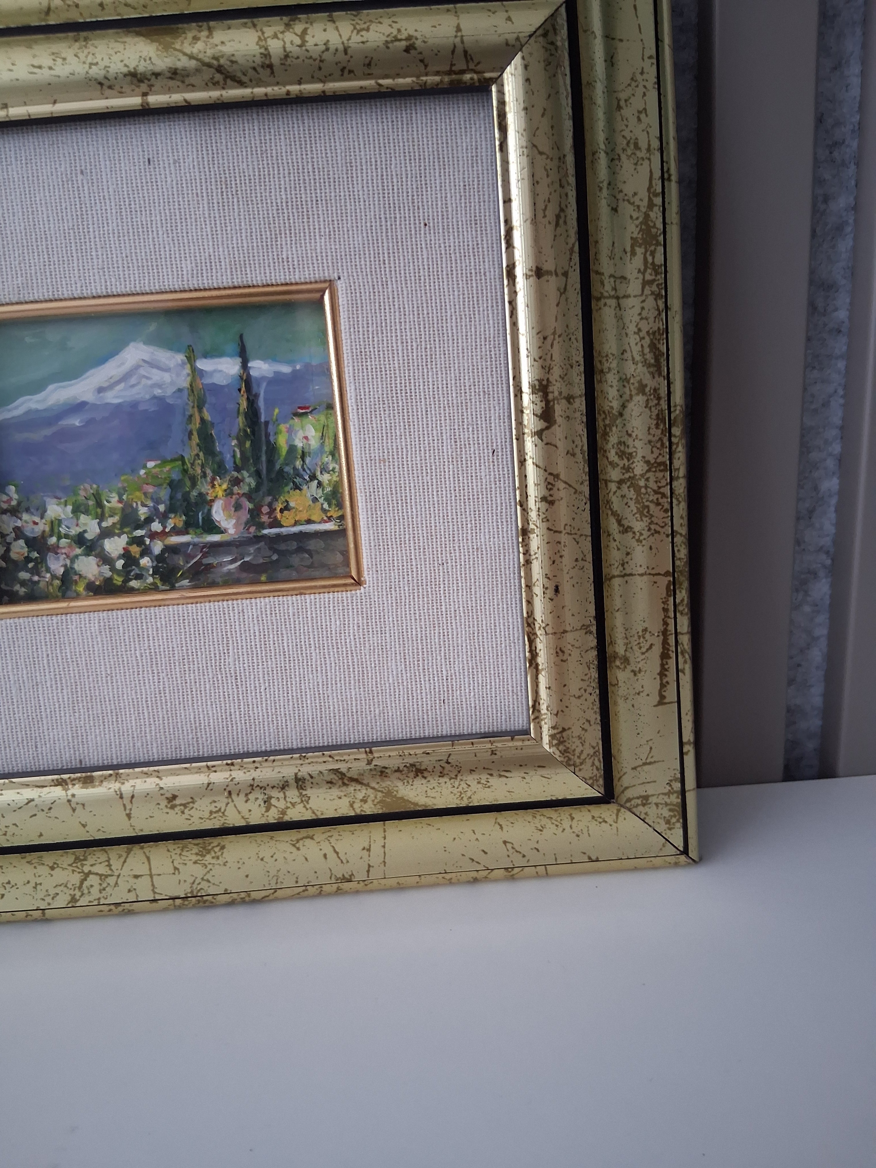 ORIGINAL Ölgemälde auf Holzplatte inkl. Rahmen | Taormina mit Ätna / Sizilien / Italien | 25x23 cm | Signiert