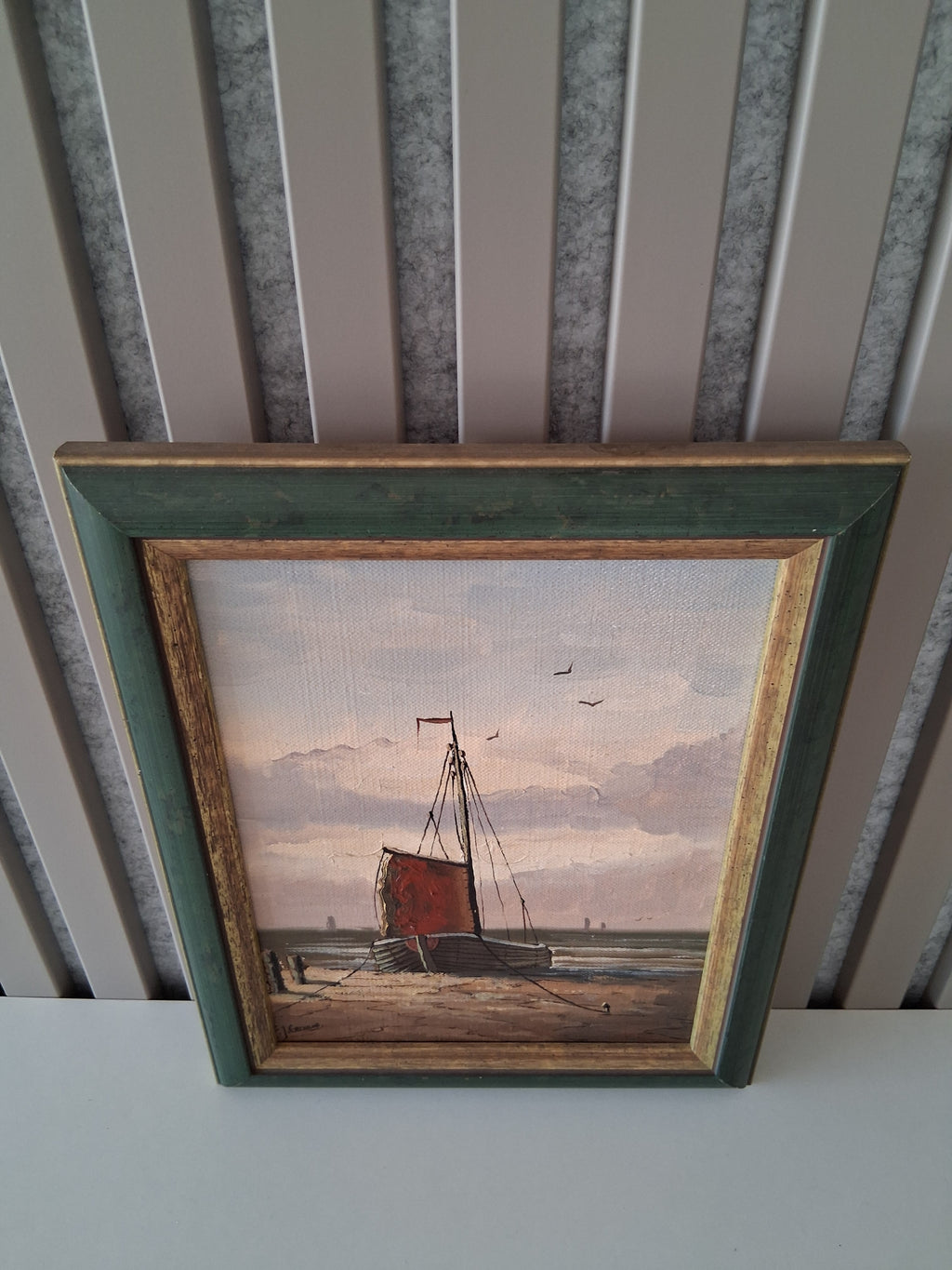 Altes Ölgemälde handgemalt mit Rahmen | Bomschuit / Fischerboot am Strand | ORIGINAL & Signiert