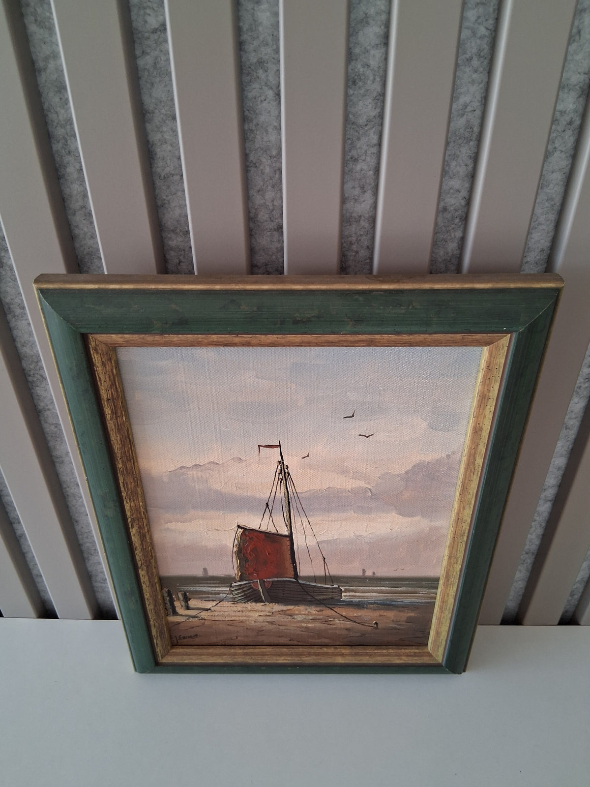 Altes Ölgemälde handgemalt mit Rahmen | Bomschuit / Fischerboot am Strand | ORIGINAL & Signiert