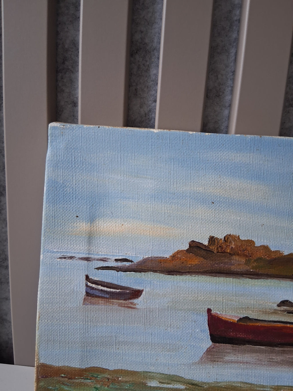 ORIGINAL Ölgemälde auf Leinwand | Bucht mit Fischerbooten in der Bretagne | 24x16 cm | Signiert