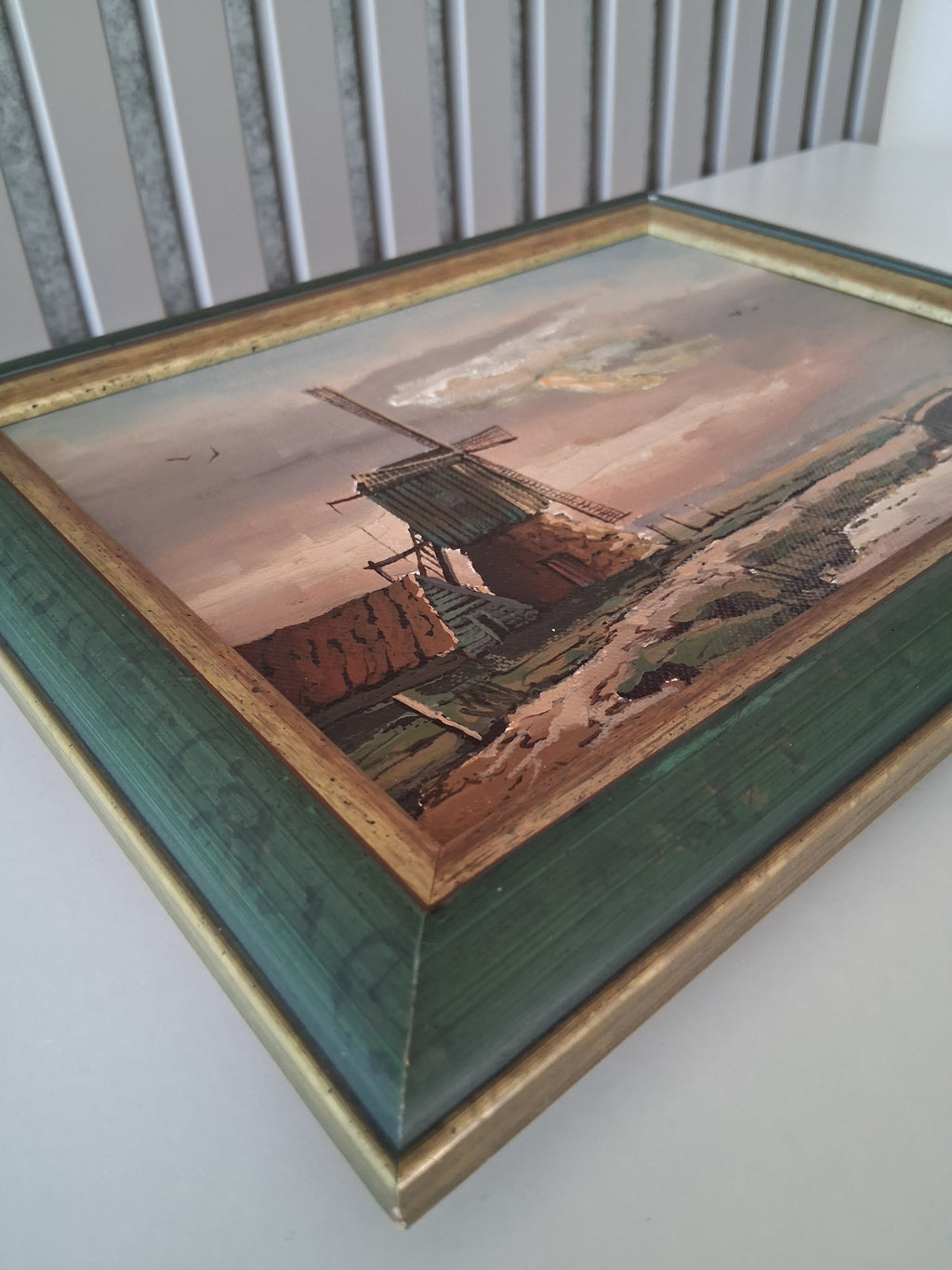 Altes Ölgemälde handgemalt mit Holzrahmen | Landschaft mit Windmühle | ORIGINAL & Signiert