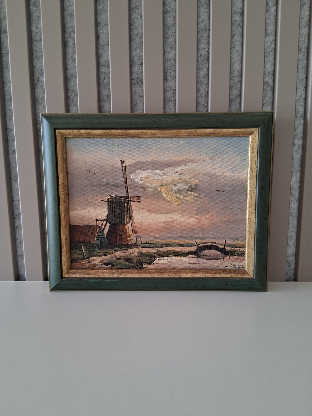 Altes Ölgemälde handgemalt mit Holzrahmen | Landschaft mit Windmühle | ORIGINAL & Signiert