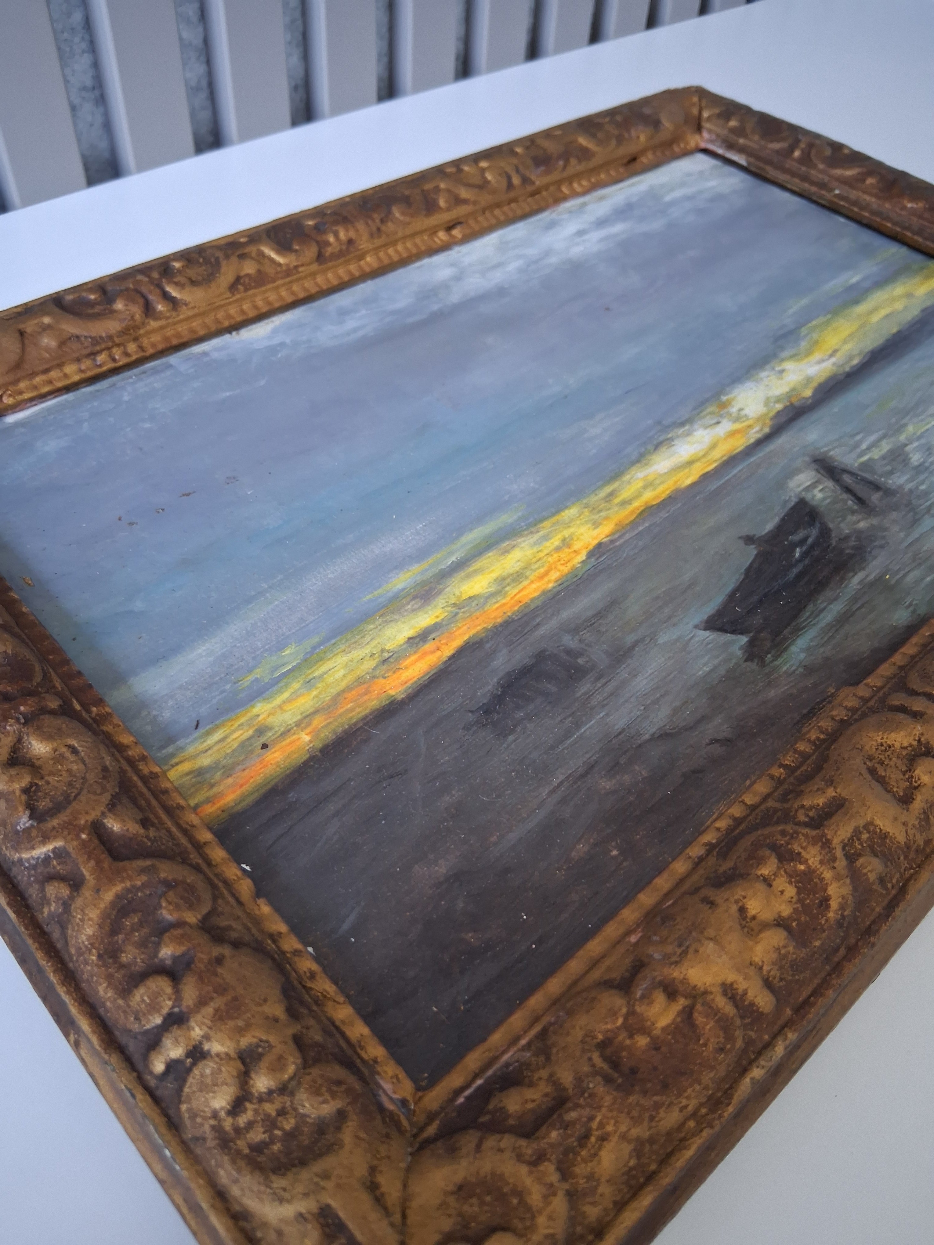 ORIGINAL Ölgemälde auf Holzplatte inkl. Rahmen | Boot bei Dämmerung | 35x24 cm | Signiert