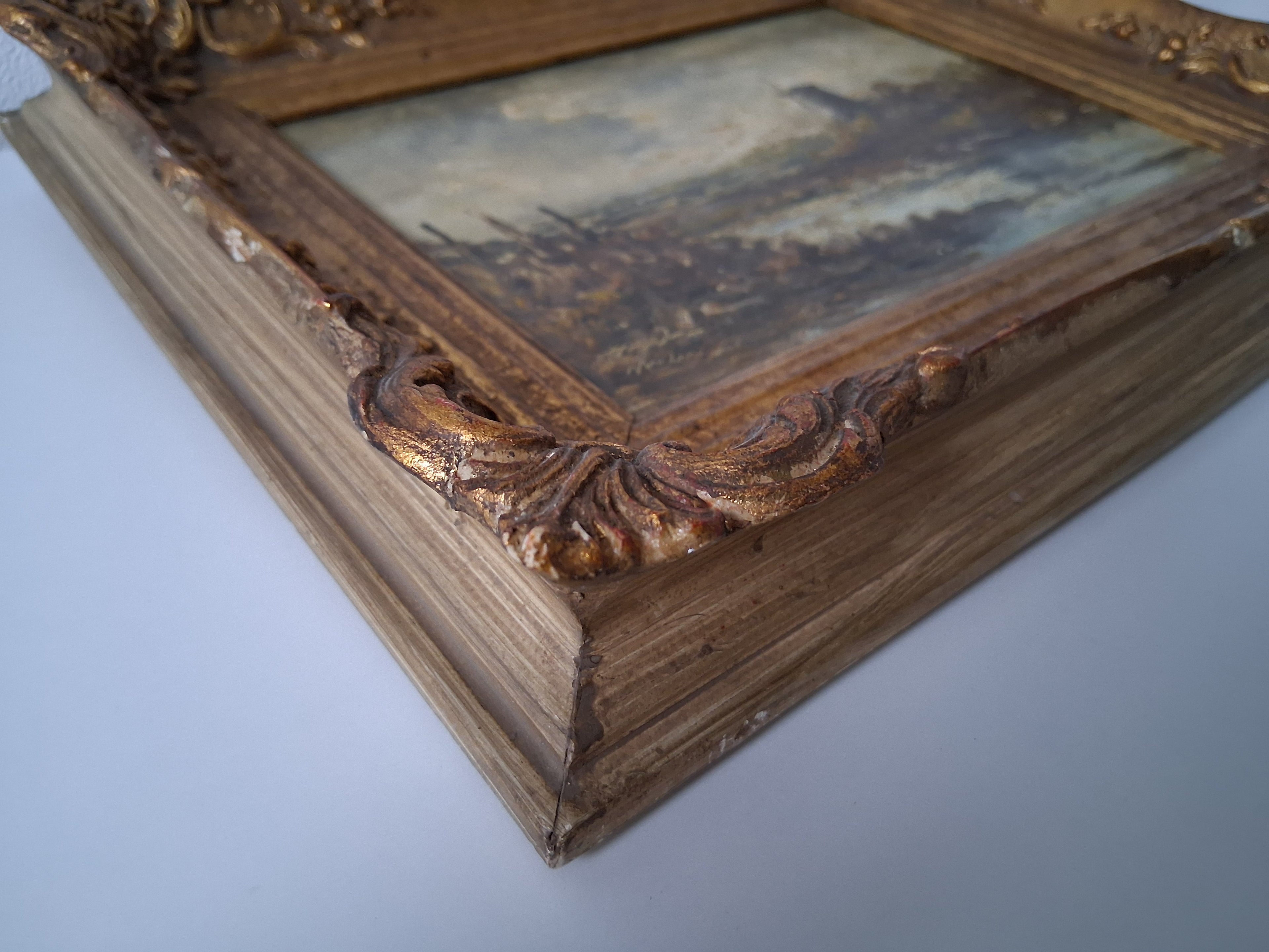 ORIGINAL Ölgemälde auf Holzplatte inkl. antikem Rahmen | Fluss / Landschaft / Windmühle | Signiert