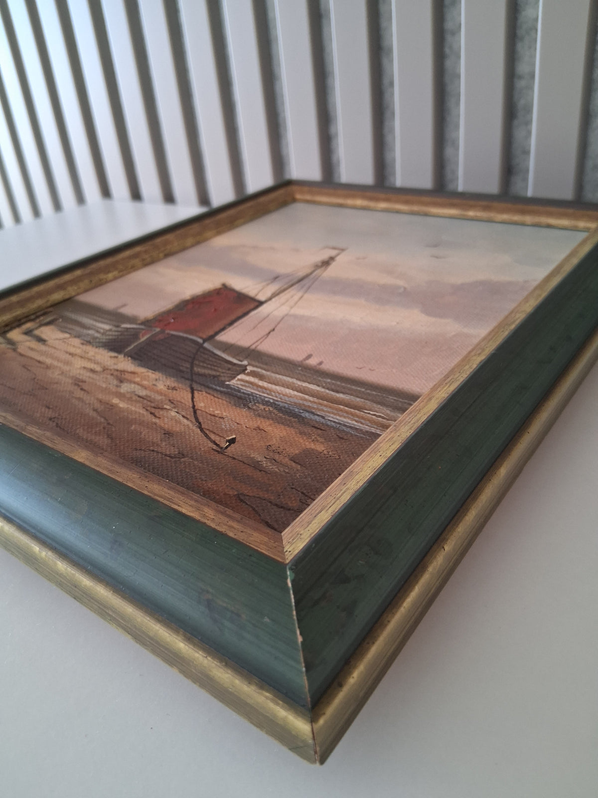Altes Ölgemälde handgemalt mit Rahmen | Bomschuit / Fischerboot am Strand | ORIGINAL & Signiert