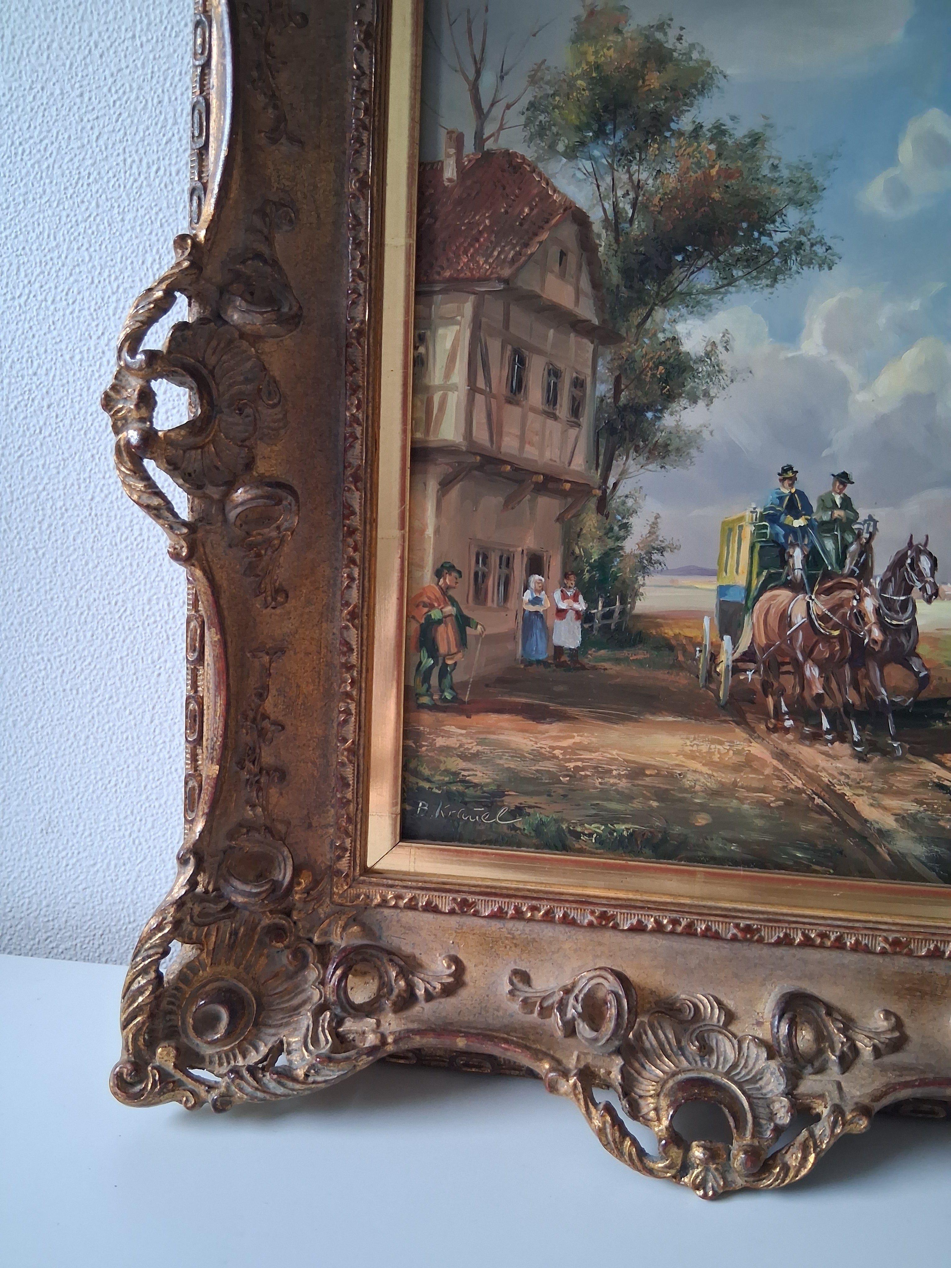 BRUNO KRAUEL (1907-1999) | Postkutsche | ORIGINAL Ölgemälde auf Holzplatte inkl. Barockrahmen