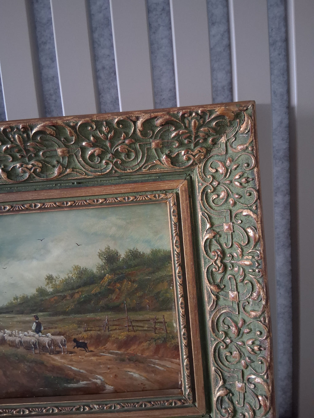 Altes Ölgemälde handgemalt mit antikem Rahmen | Schafherde auf dem Landweg | ORIGINAL & Signiert