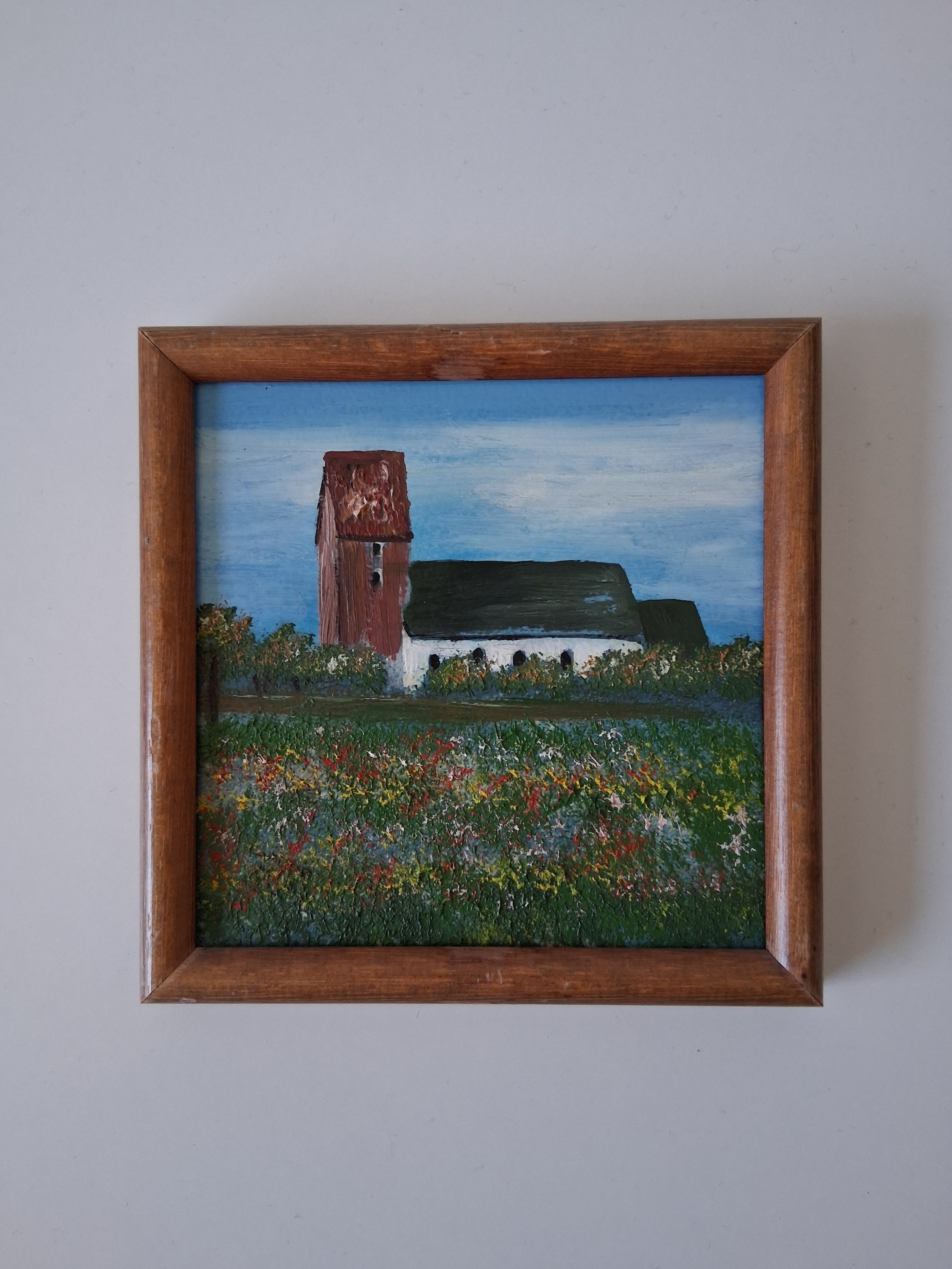KLEINES ORIGINAL Ölgemälde auf Karton inkl. Rahmen | St. Severin Kirche in Keitum auf Sylt | 11x11 cm