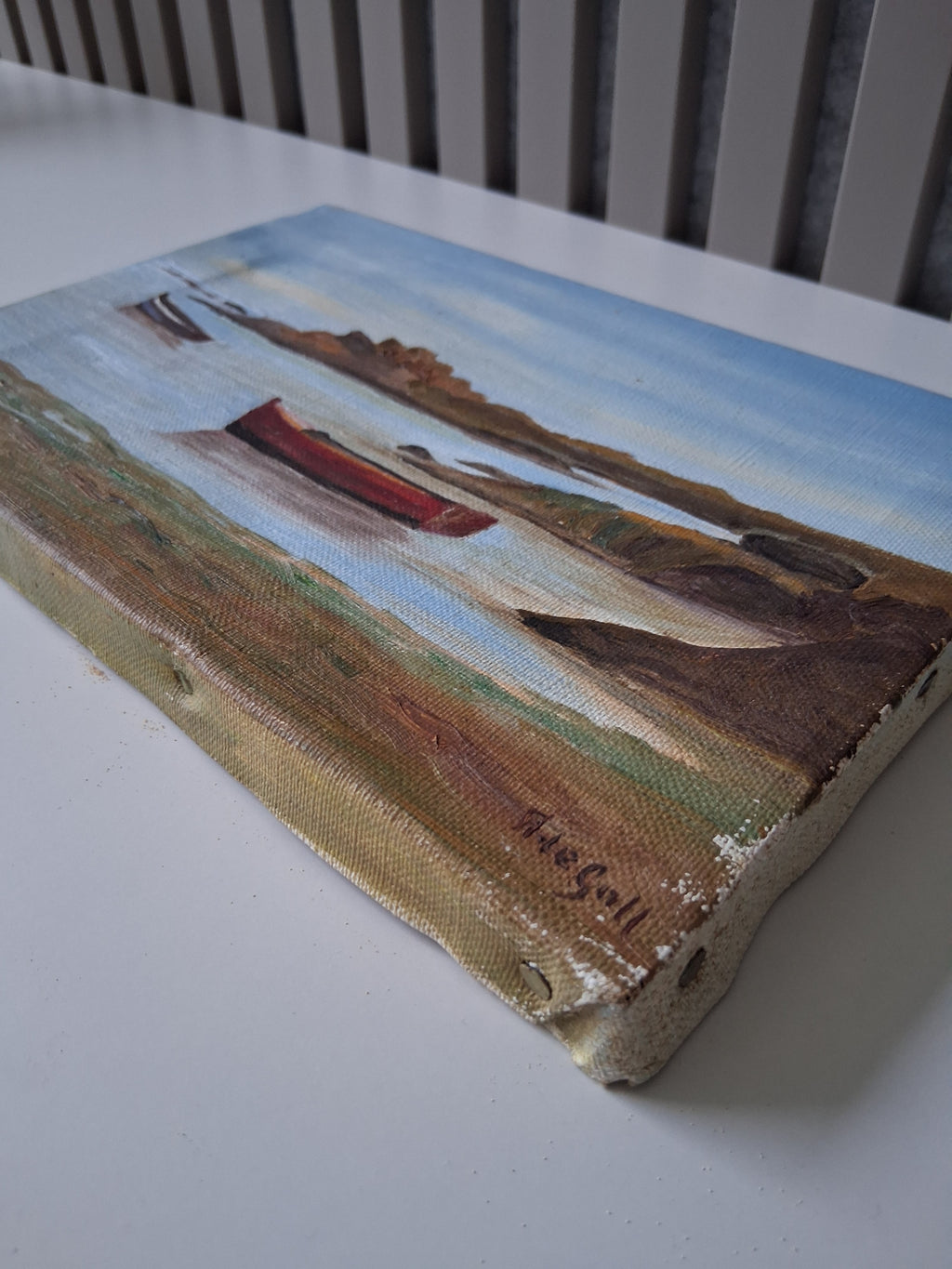 ORIGINAL Ölgemälde auf Leinwand | Bucht mit Fischerbooten in der Bretagne | 24x16 cm | Signiert