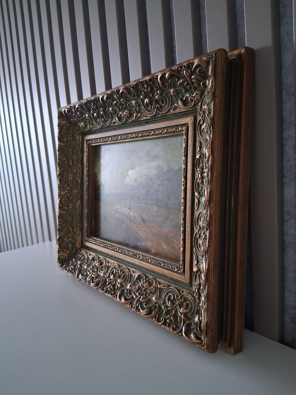 Altes Ölgemälde handgemalt mit antikem Rahmen | Schafherde auf dem Landweg | ORIGINAL & Signiert
