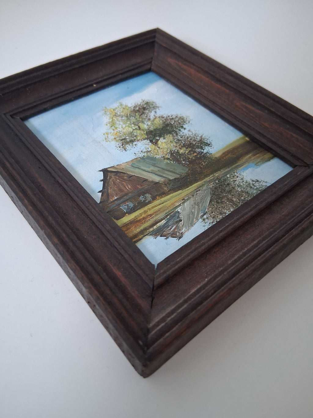 KLEINES ORIGINAL Ölgemälde auf Karton | Bauernhaus / Landschaft / Natur | 11x13 cm | Vintage