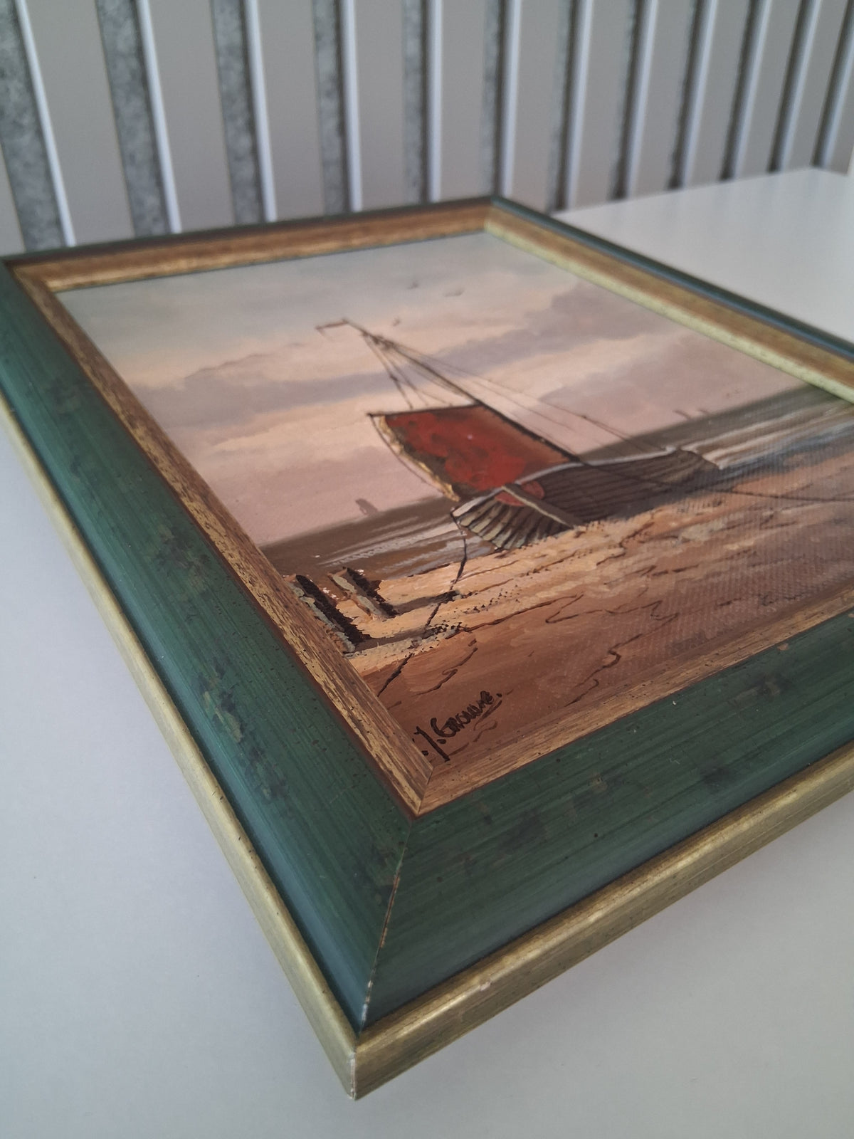 Altes Ölgemälde handgemalt mit Rahmen | Bomschuit / Fischerboot am Strand | ORIGINAL & Signiert