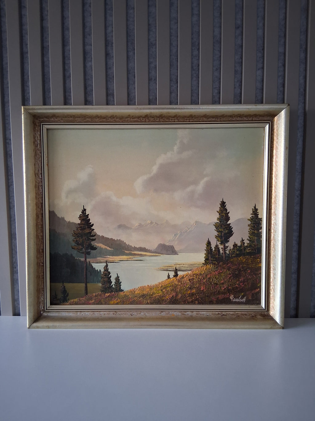ORIGINAL Ölgemälde auf Hartfaserplatte inkl. Rahmen | Schneebedeckte Berglandschaft am See | Signiert