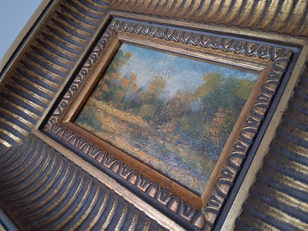ORIGINAL Ölgemälde auf Karton inkl. antikem Rahmen | Waldlandschaft / Natur / Bäume | 26x22 cm