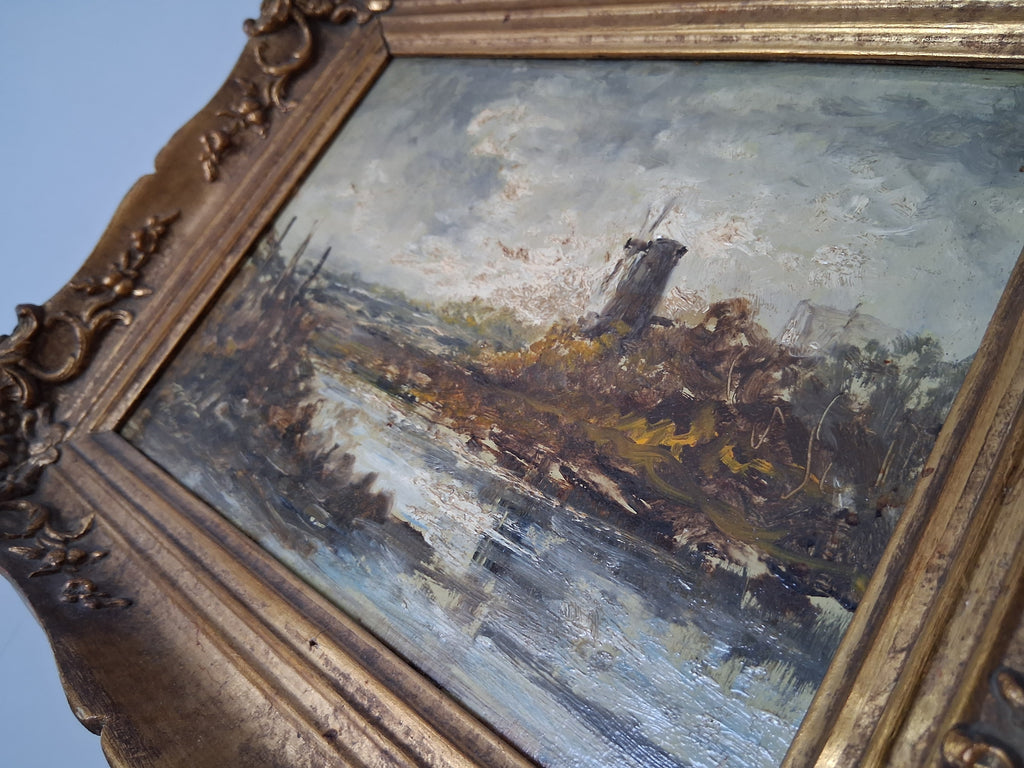 ORIGINAL Ölgemälde auf Holzplatte inkl. antikem Rahmen | Fluss / Landschaft / Windmühle | Signiert