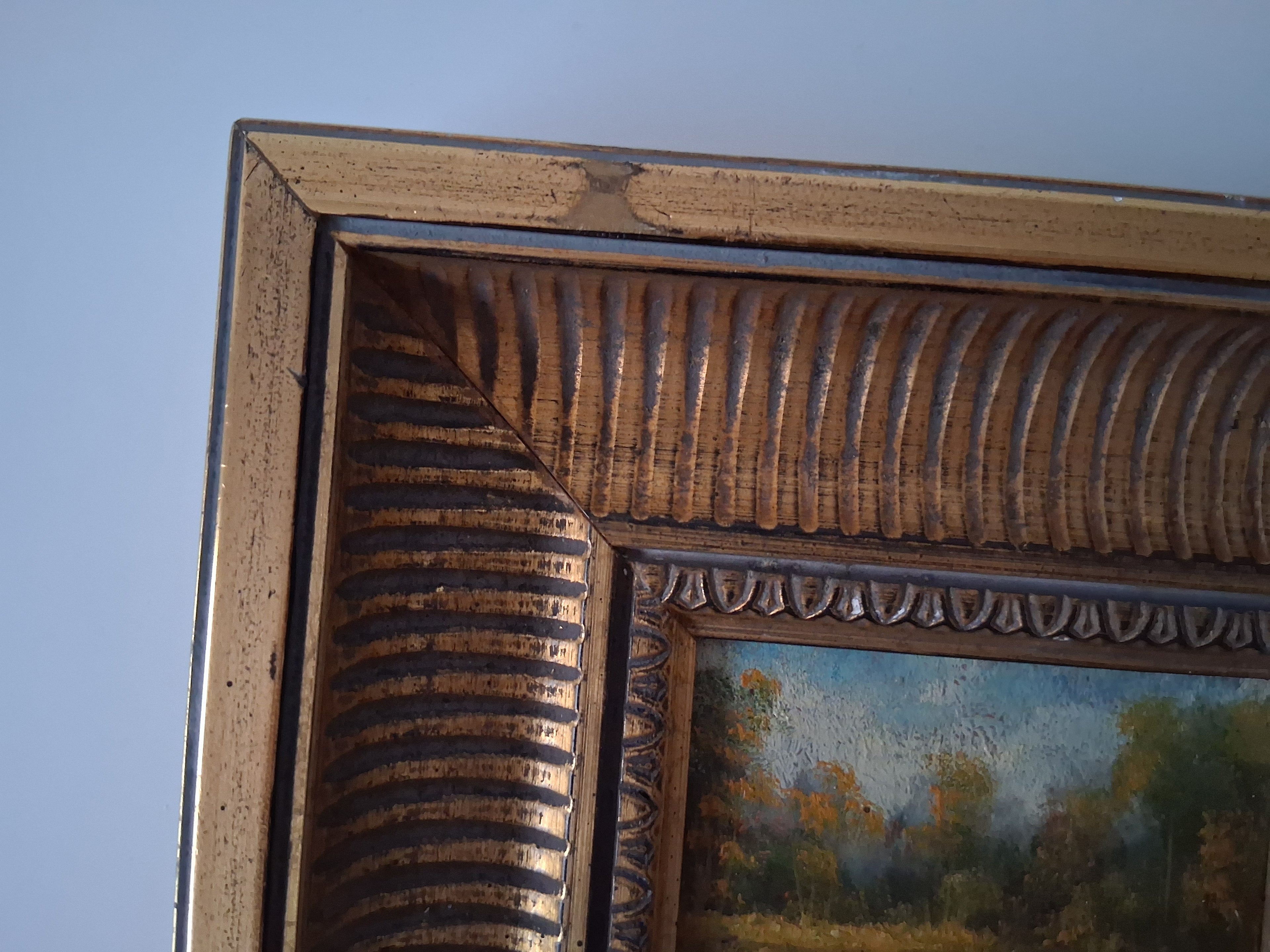 ORIGINAL Ölgemälde auf Karton inkl. antikem Rahmen | Waldlandschaft / Natur / Bäume | 26x22 cm