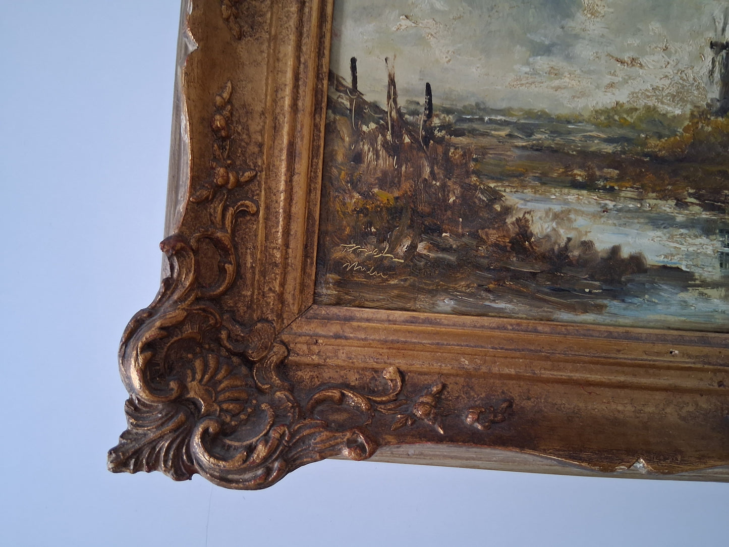 ORIGINAL Ölgemälde auf Holzplatte inkl. antikem Rahmen | Fluss / Landschaft / Windmühle | Signiert