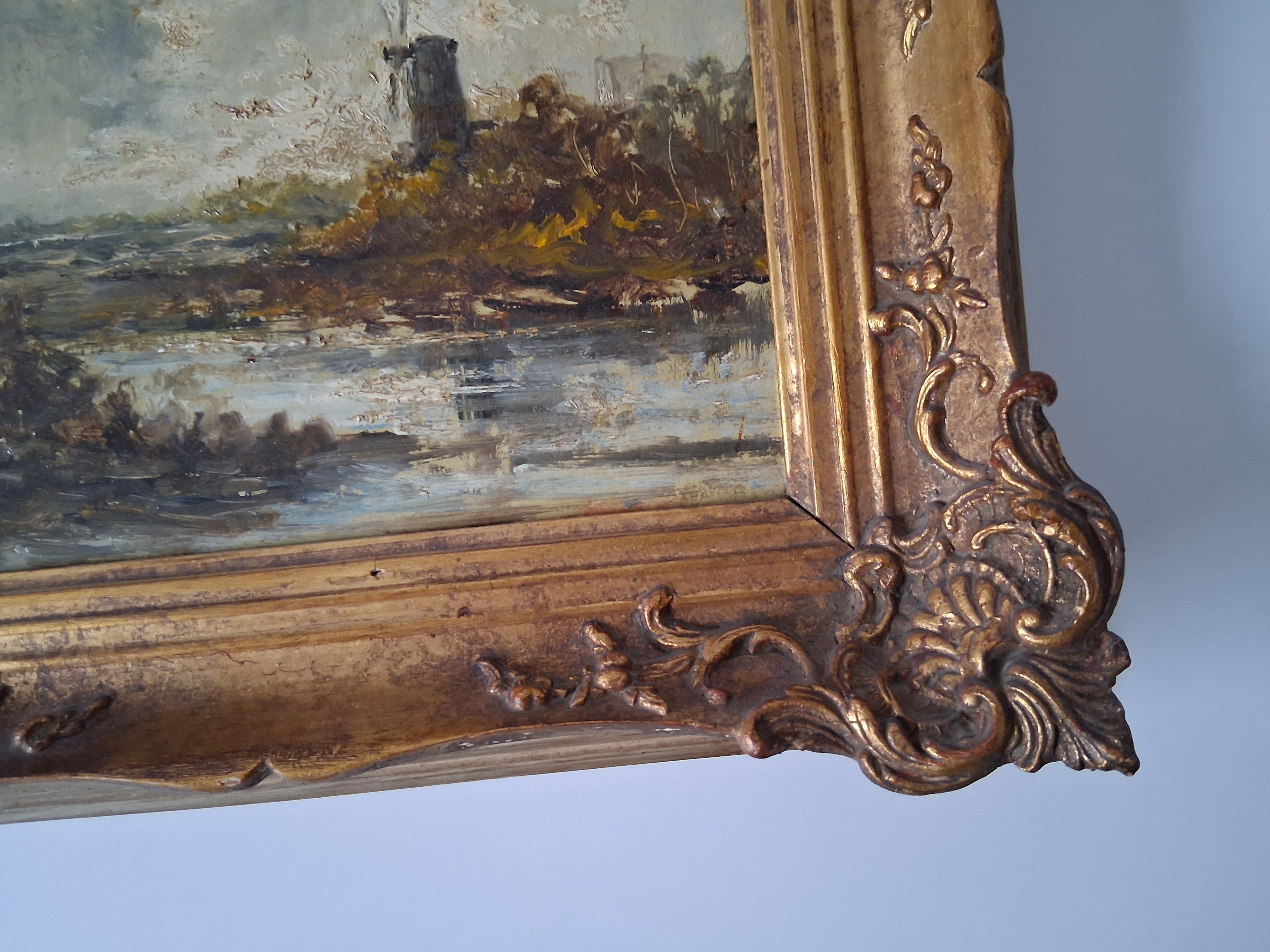 ORIGINAL Ölgemälde auf Holzplatte inkl. antikem Rahmen | Fluss / Landschaft / Windmühle | Signiert