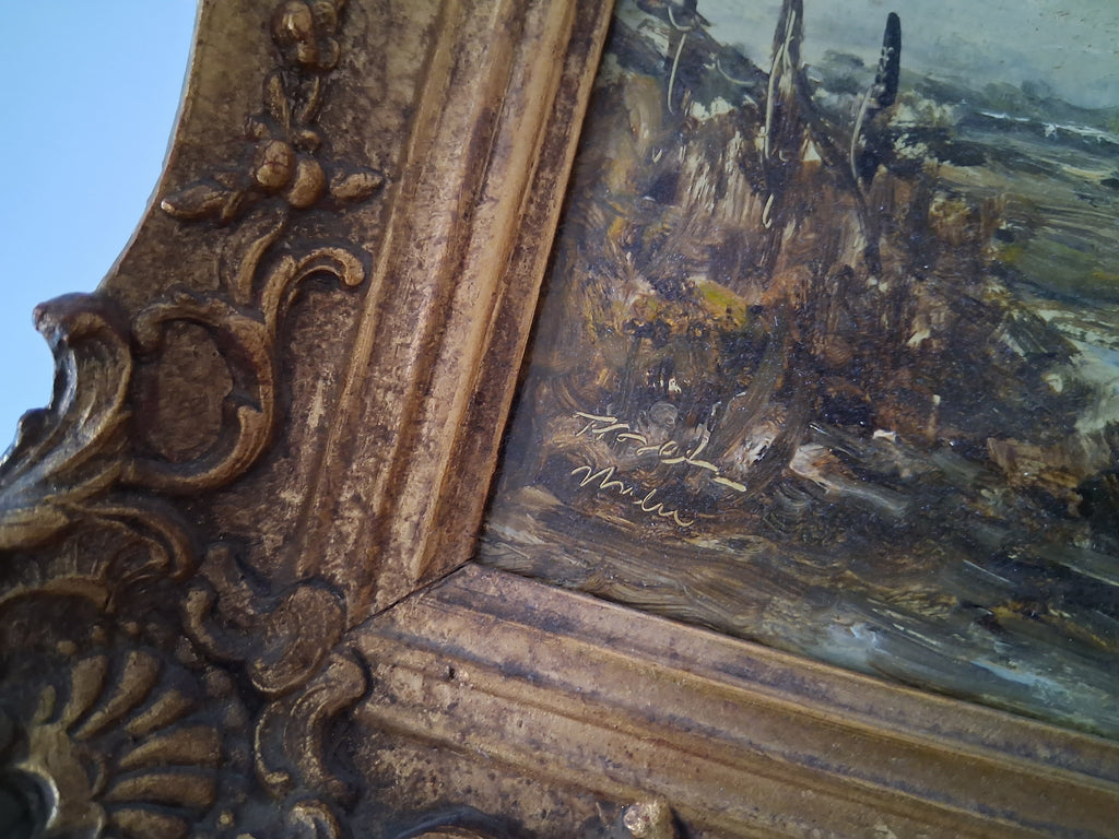 ORIGINAL Ölgemälde auf Holzplatte inkl. antikem Rahmen | Fluss / Landschaft / Windmühle | Signiert